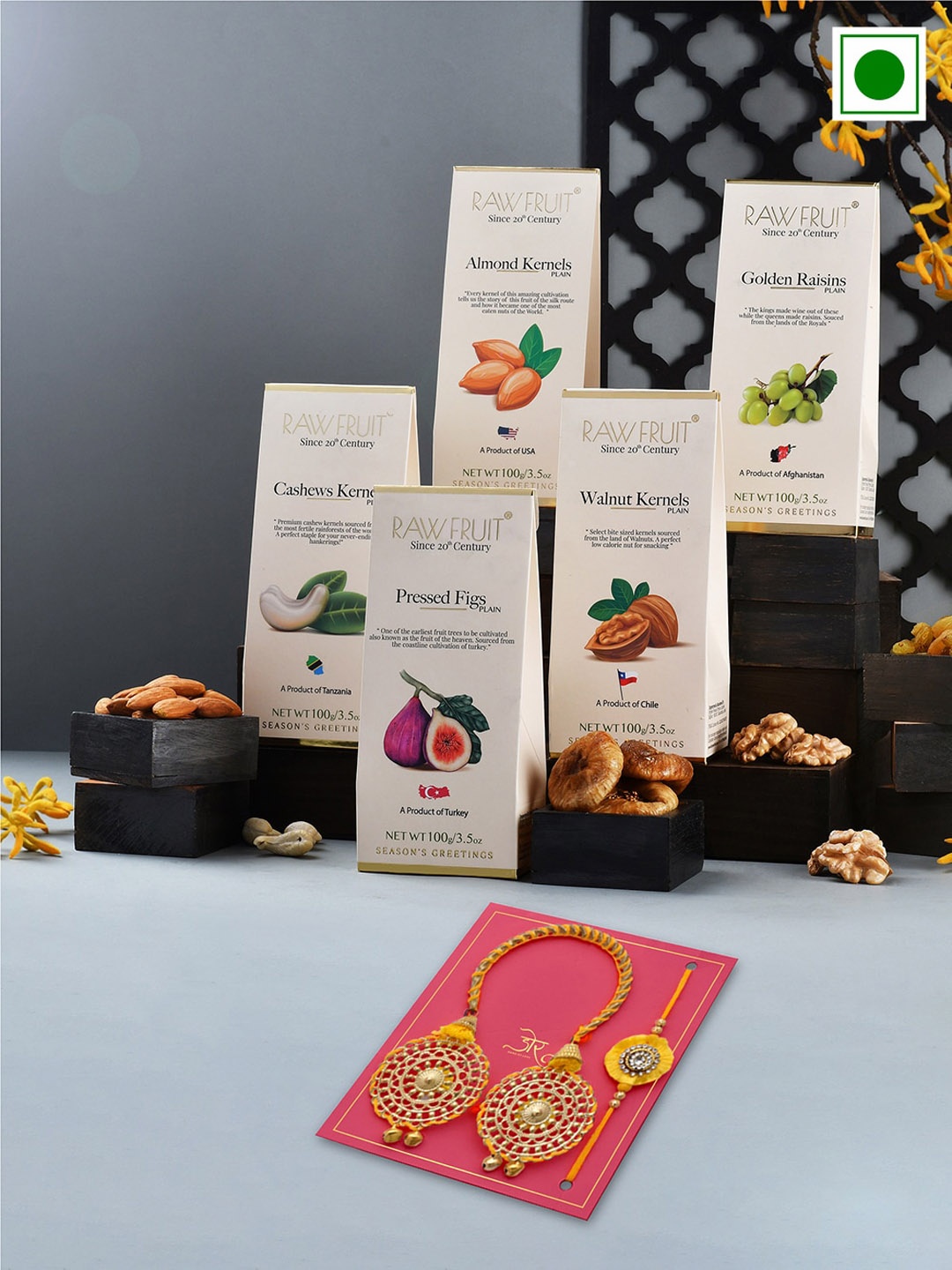 

RawFruit Set Of 2 Rakhi with Dry Fruits Gift Set 100 gms Each, Yellow