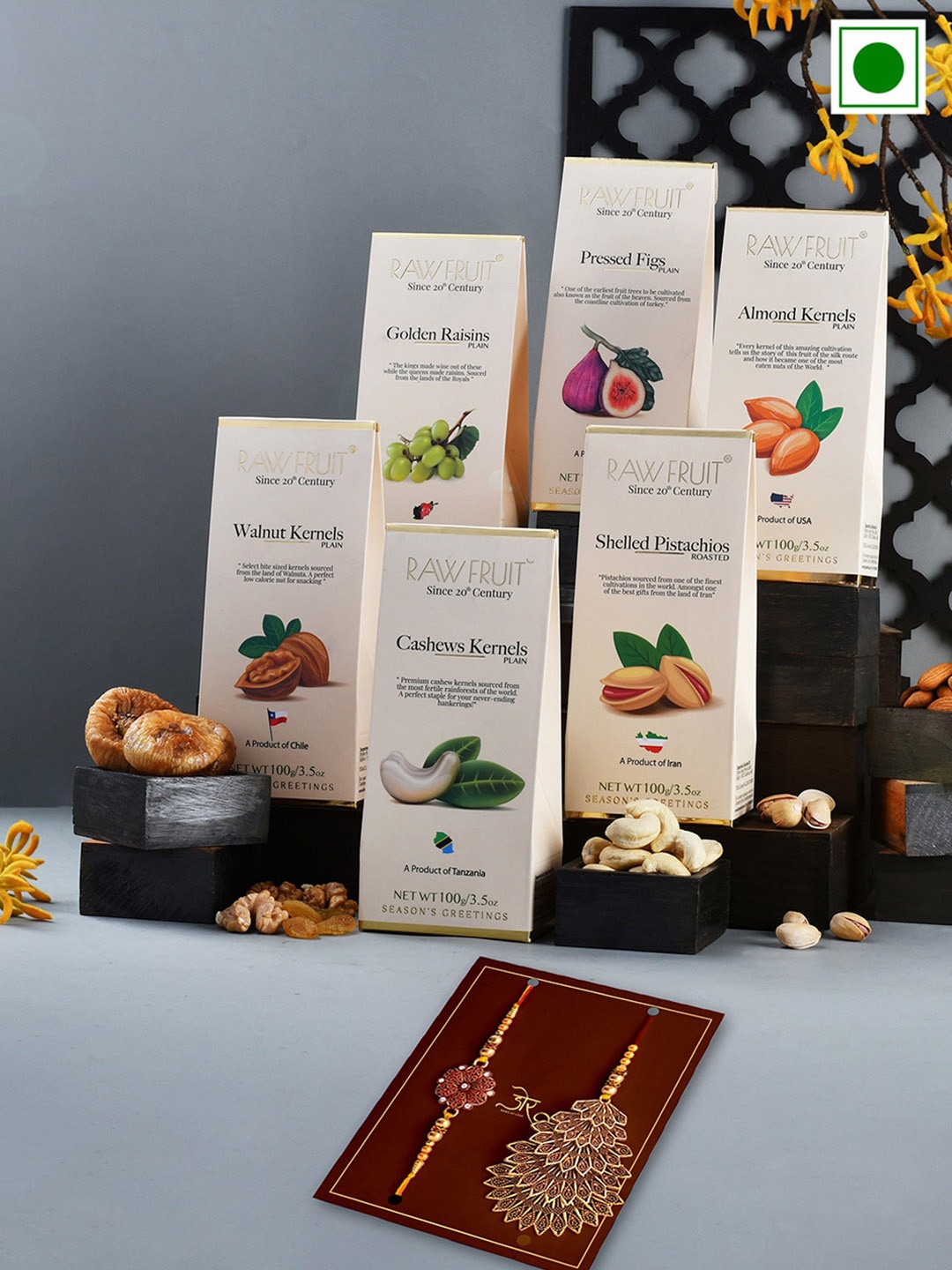 

RawFruit Set Of 6 Basic Dryfruits With Bhai Bhabhi Rakhis, White