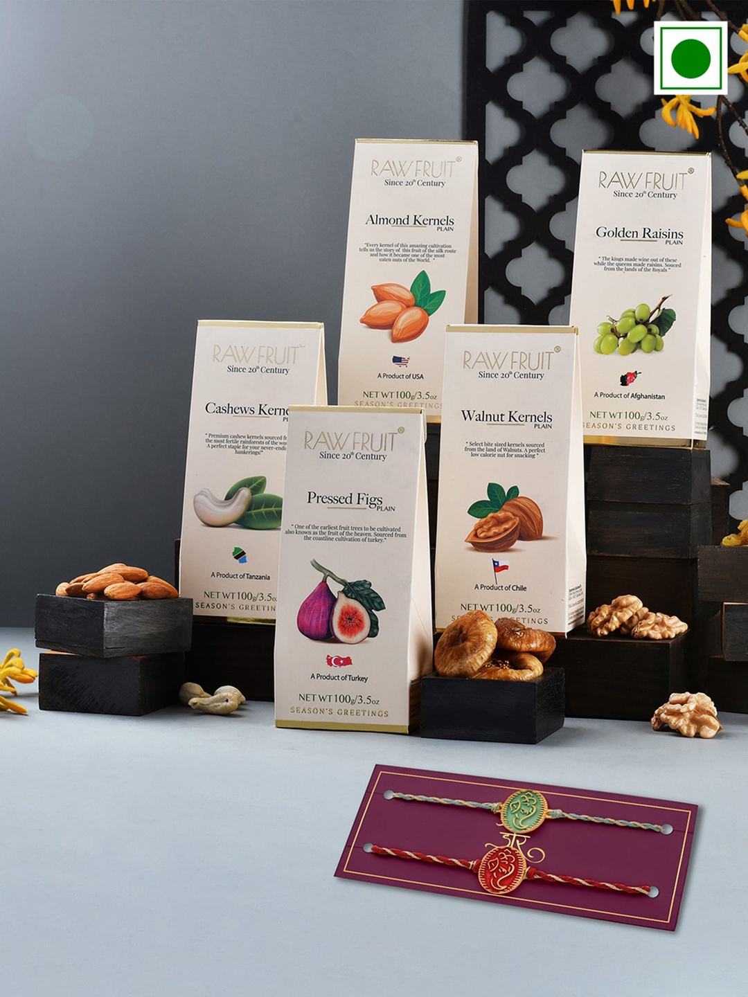 

RawFruit Set Of 5 Dryfruits- 100g Each With 2 Rakhis, White
