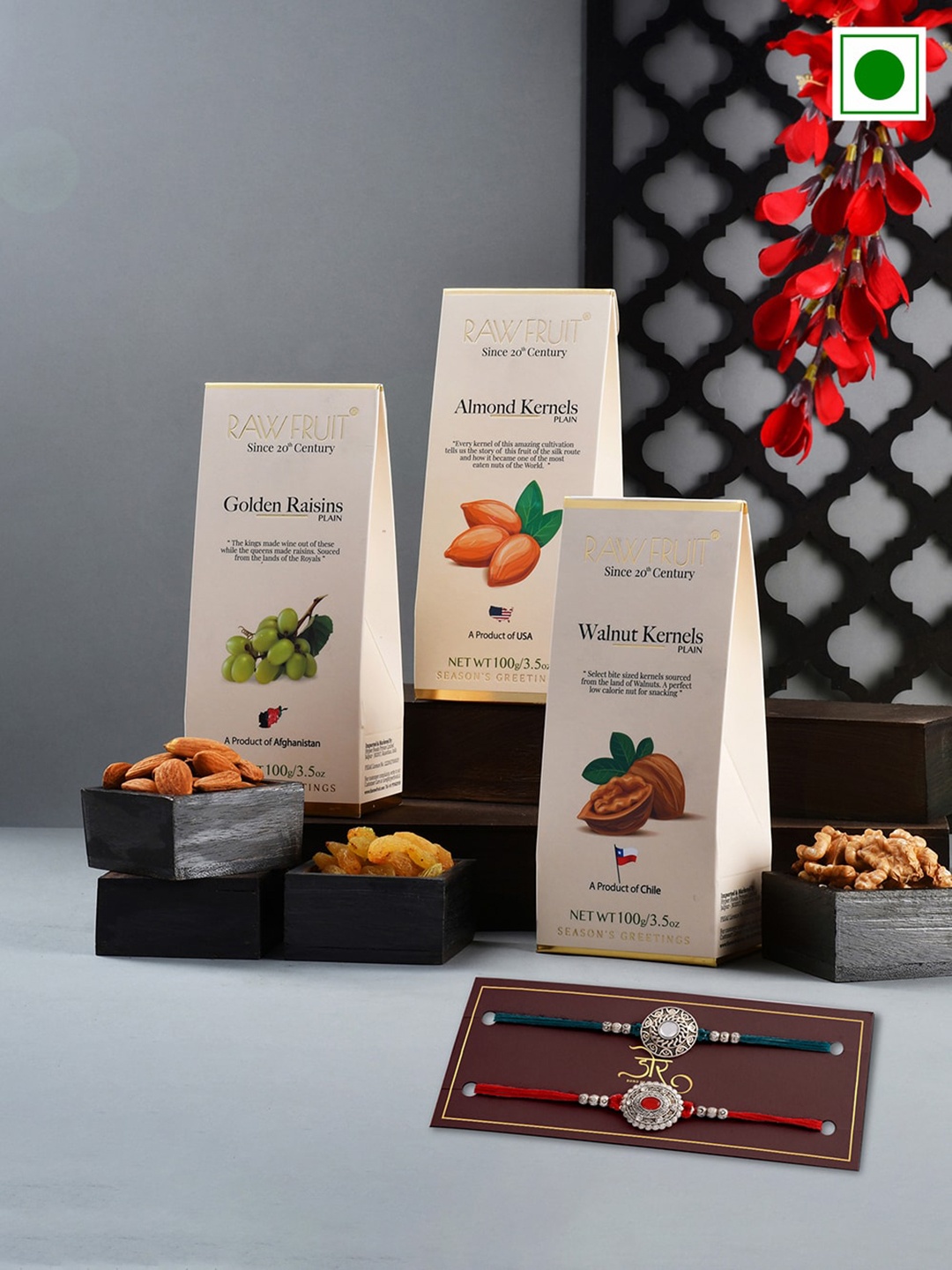 RawFruit Set Of 3 Dryfruits-100g Each With 2 Rakhis, White