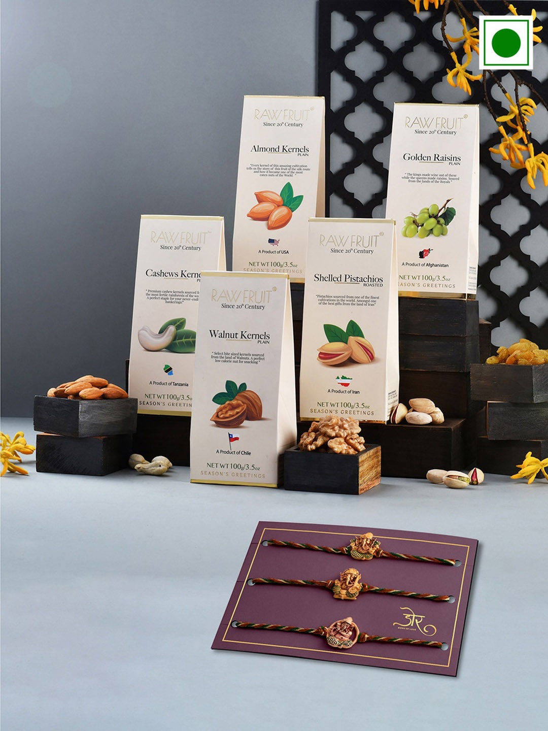 

RawFruit Set Of 3 Ganesha Charm Rakhi with Dry Fruits Gift Set 100 gms Each, Gold