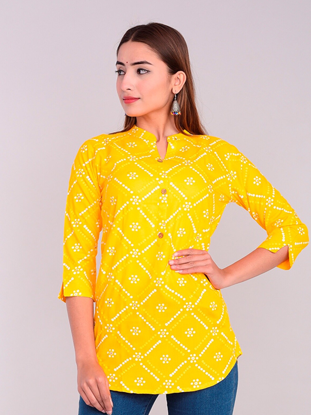 

HANUMNTRA Ethnic Motifs Printed Mandarin Collar Longline Top, Yellow