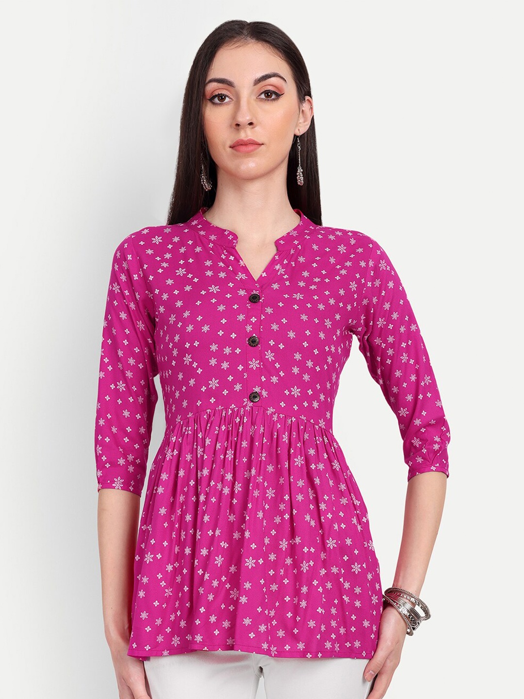 

HANUMNTRA Floral Printed Mandarin Collar Gathered Peplum Top, Pink