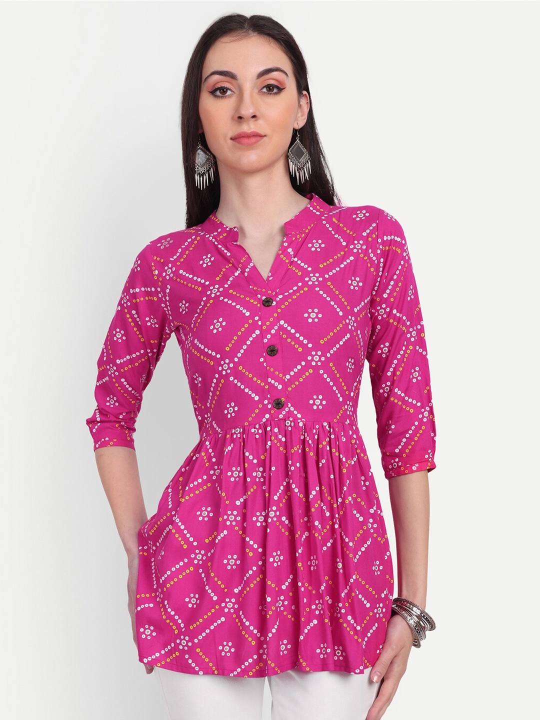 

HANUMNTRA Ethnic Motifs Printed Mandarin Collar Gathered Peplum Top, Pink