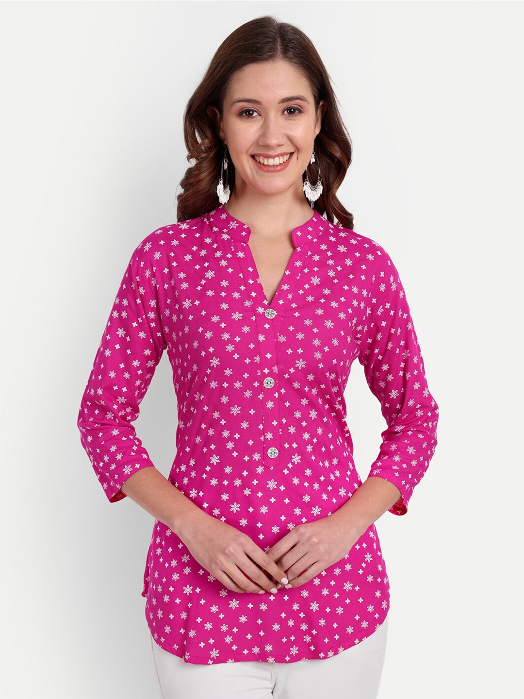 

HANUMNTRA Floral Print Mandarin Collar Longline Top, Pink