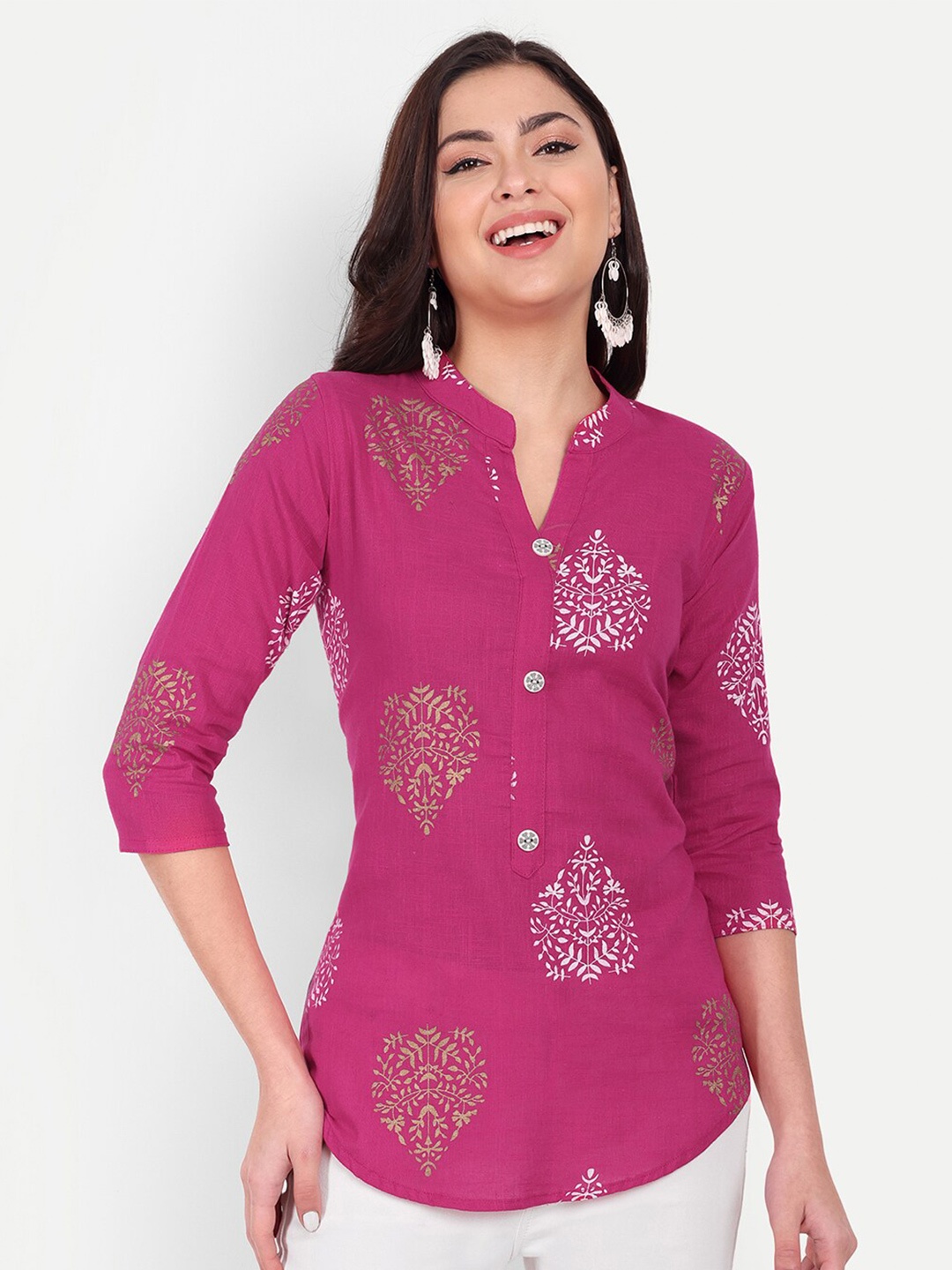 

HANUMNTRA Ethnic Motifs Printed Mandarin Collar Longline Top, Pink