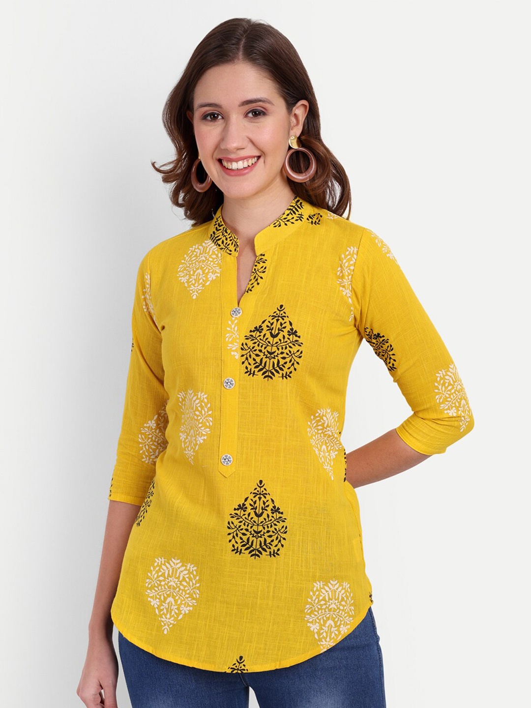 

HANUMNTRA Ethnic Motifs Printed Mandarin Collar Longline Top, Yellow