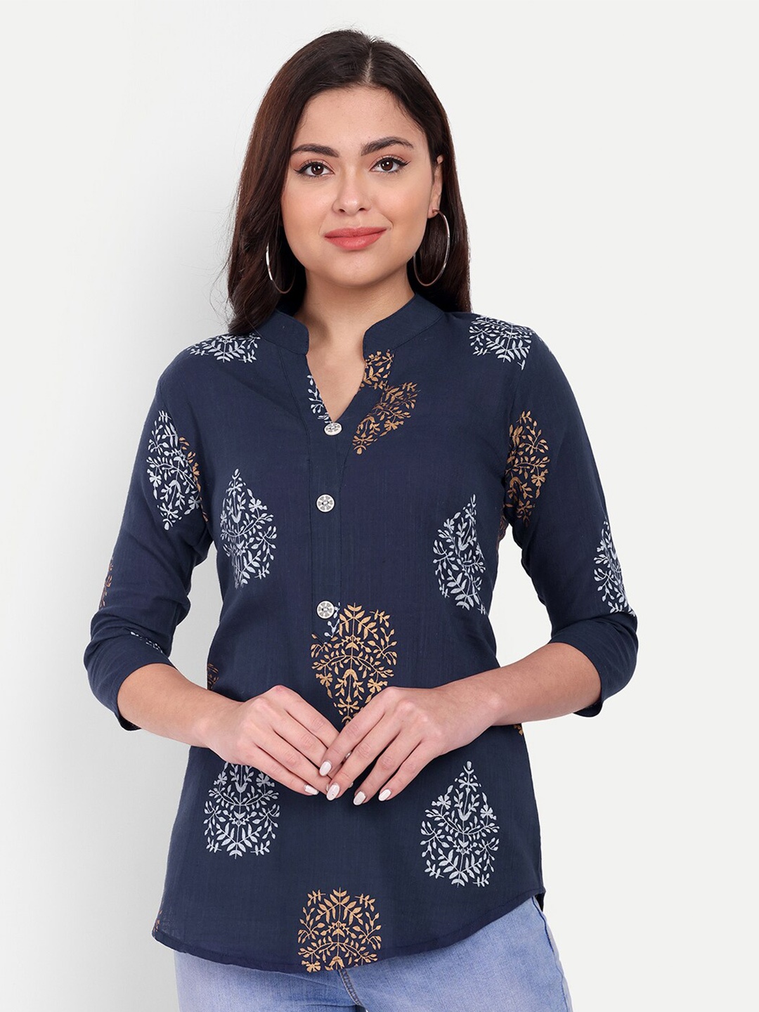 

HANUMNTRA Ethnic Motifs Printed Mandarin Collar Longline Top, Blue