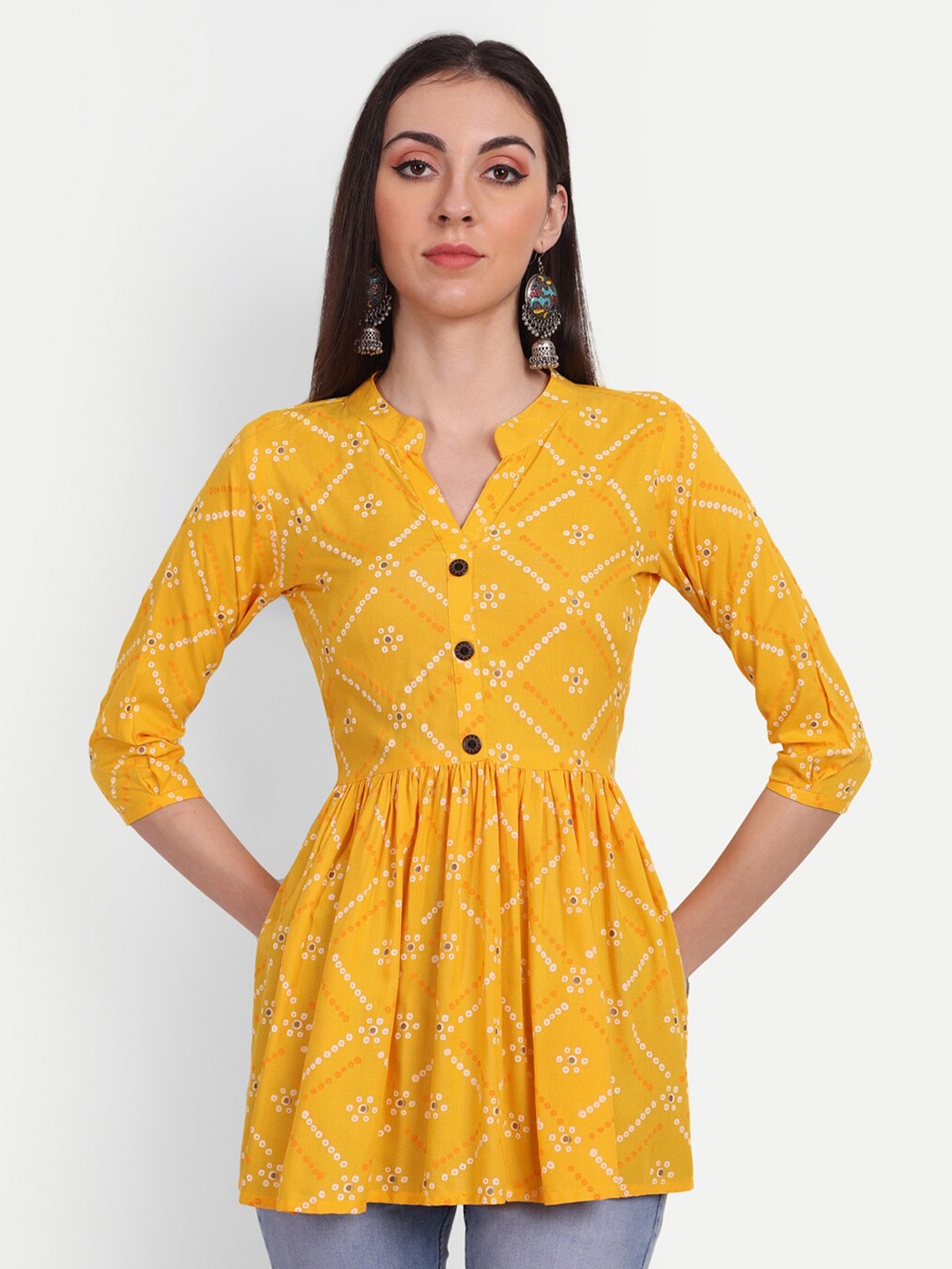 

HANUMNTRA Ethnic Motifs Printed Mandarin Collar Gathered Longline Top, Yellow
