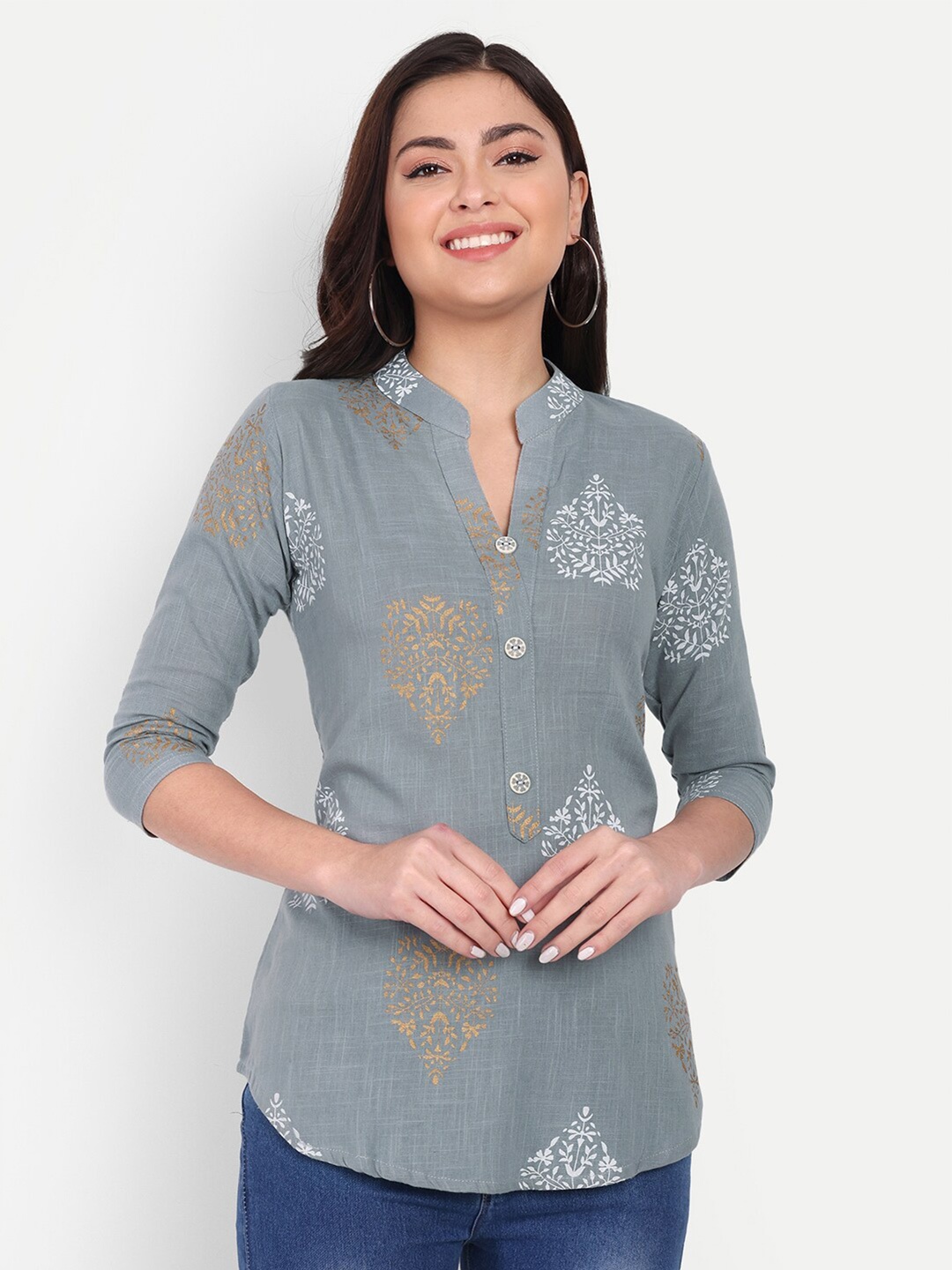 

HANUMNTRA Ethnic Motifs Print Mandarin Collar Longline Top, Grey