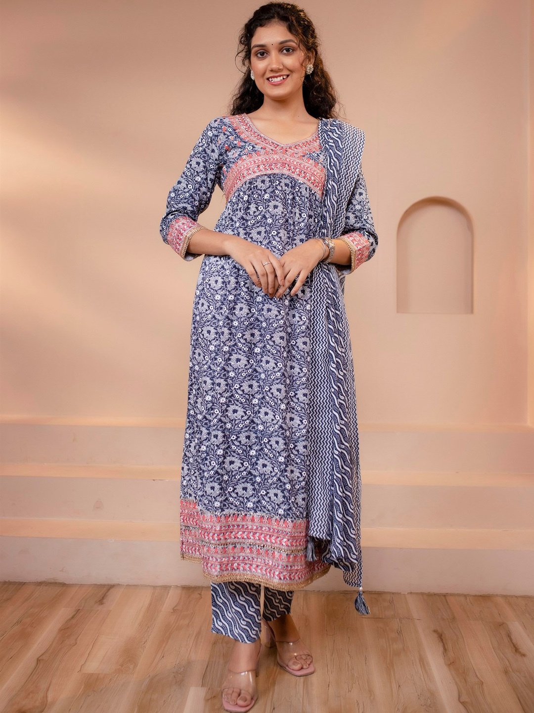 

KALINI Floral Printed Thread Work Empire Kurta & Trousers With Dupatta, Navy blue