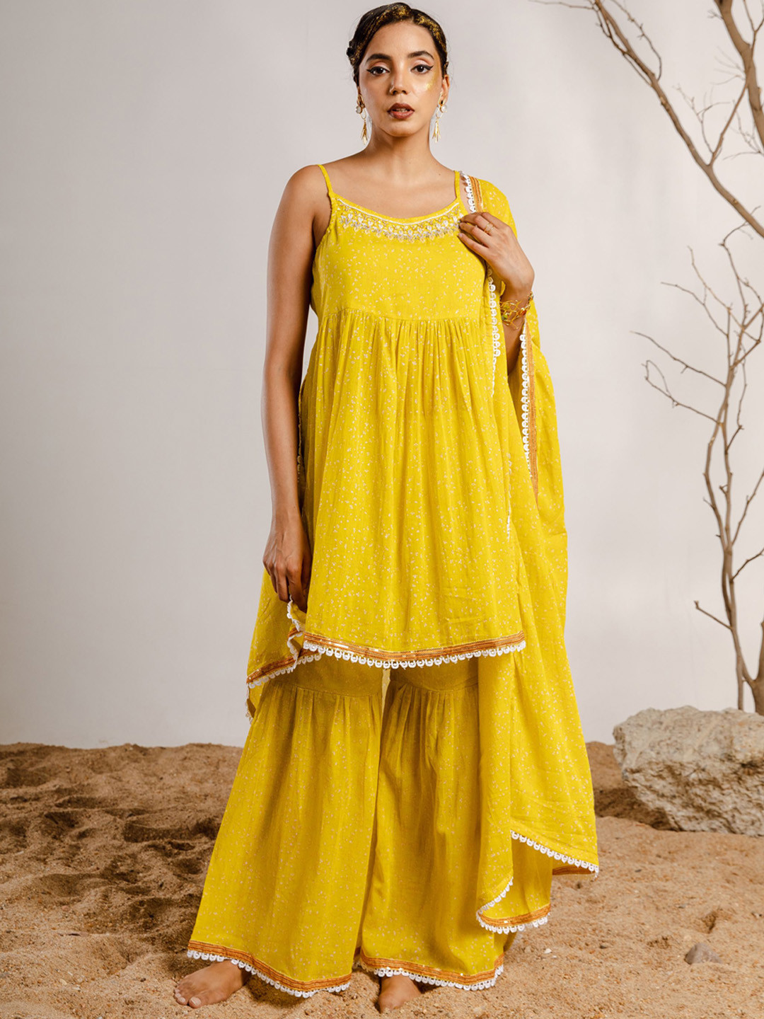 

KALINI Floral Printed Beads and Stones Pure Cotton Kurta & Sharara With Dupatta, Yellow