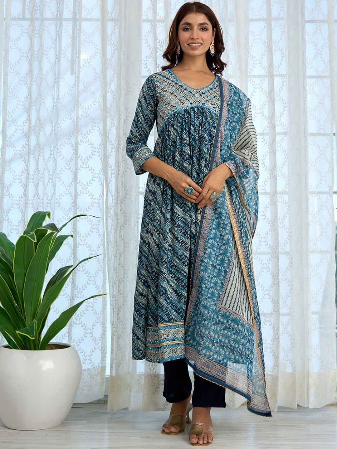 

KALINI Ethnic Motifs Printed Mirror Work Empire Anarkali Kurta with Trousers & Dupatta, Navy blue