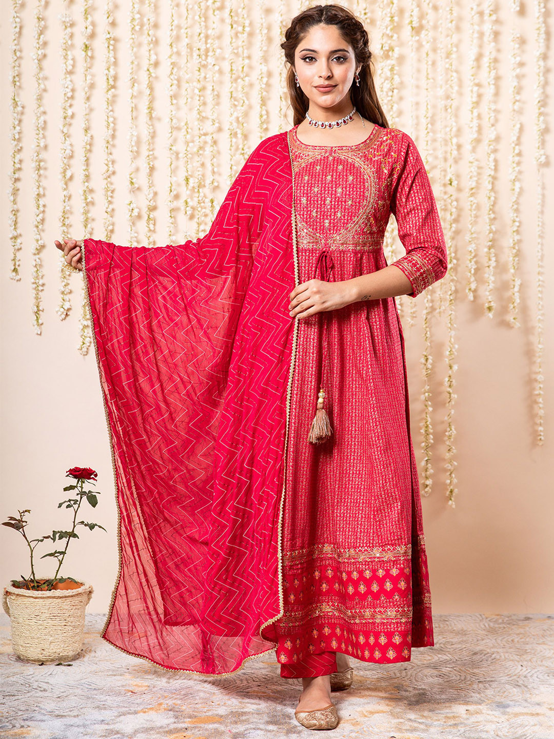 

KALINI Ethnic Motifs Printed Sequinned A-Line Kurta with Trousers & Dupatta, Pink
