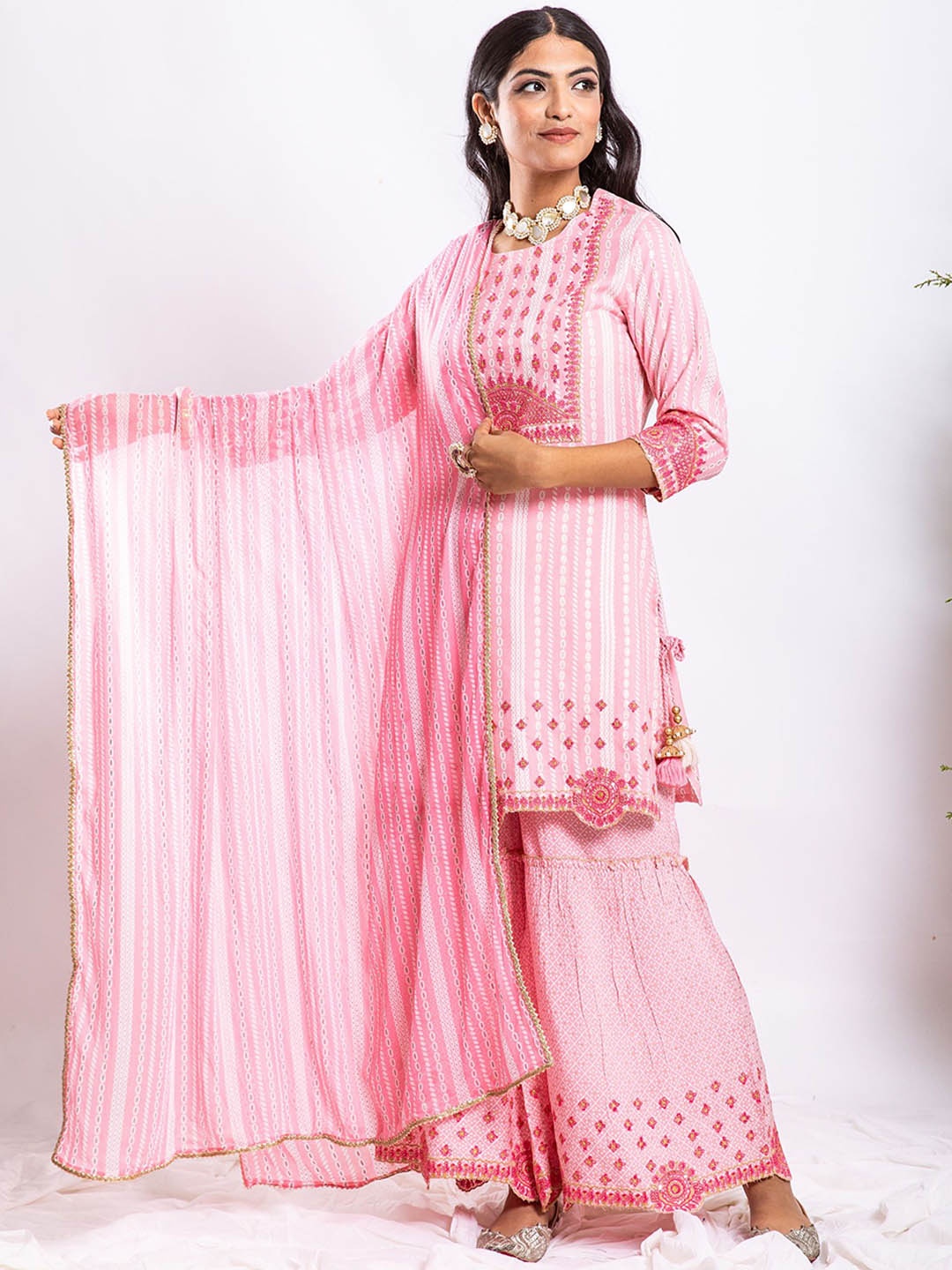 

KALINI Striped Thread Work Kurta with Sharara & Dupatta, Pink