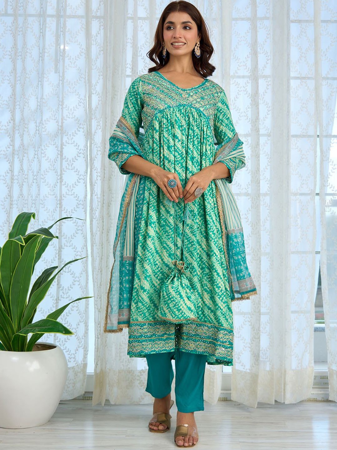 

KALINI Tie Dyed Mirror Work Kurta & Trousers With Dupatta, Turquoise blue