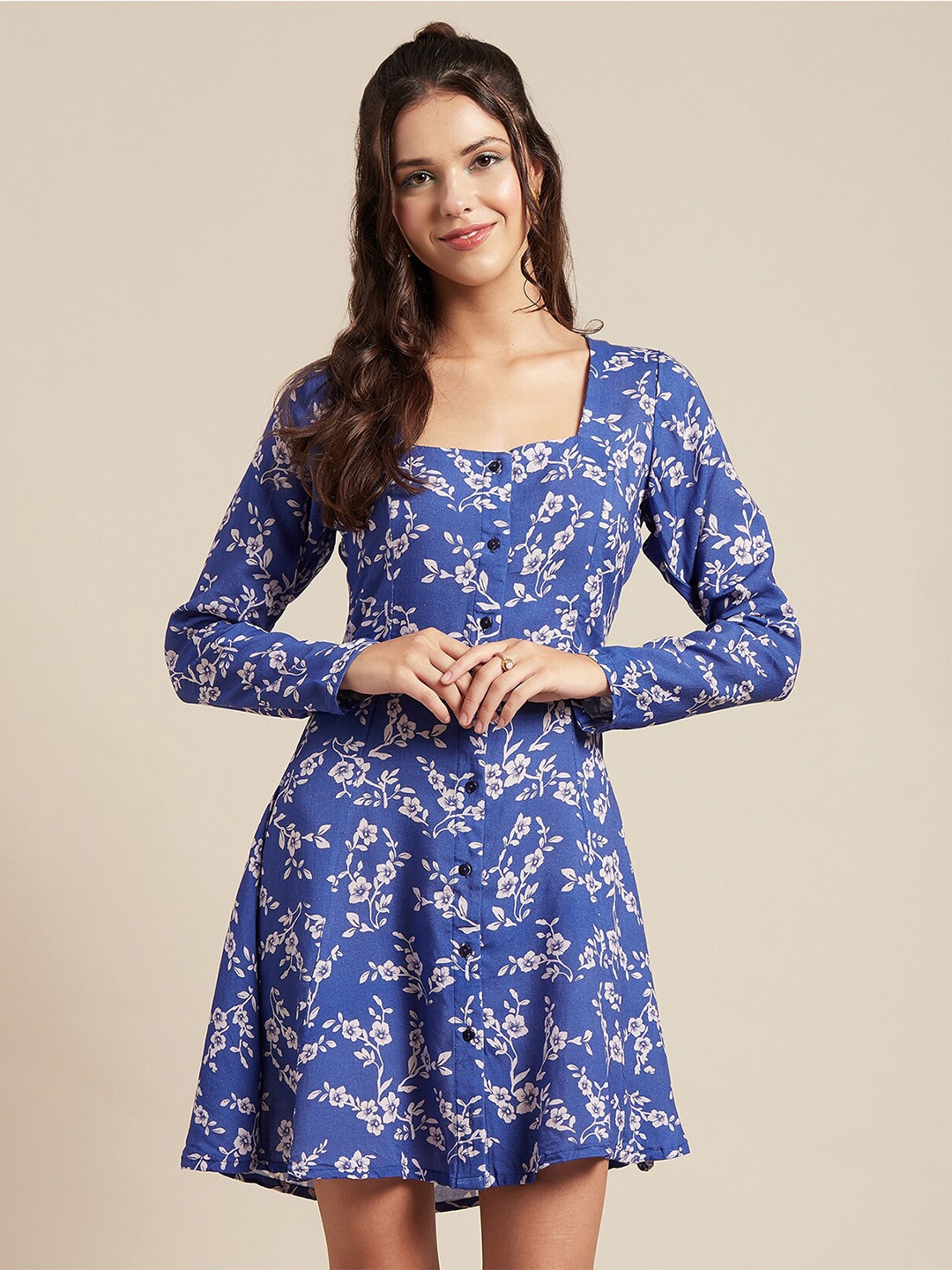 

Moomaya Floral Printed Square Neck Fit & Flare Dress, Blue