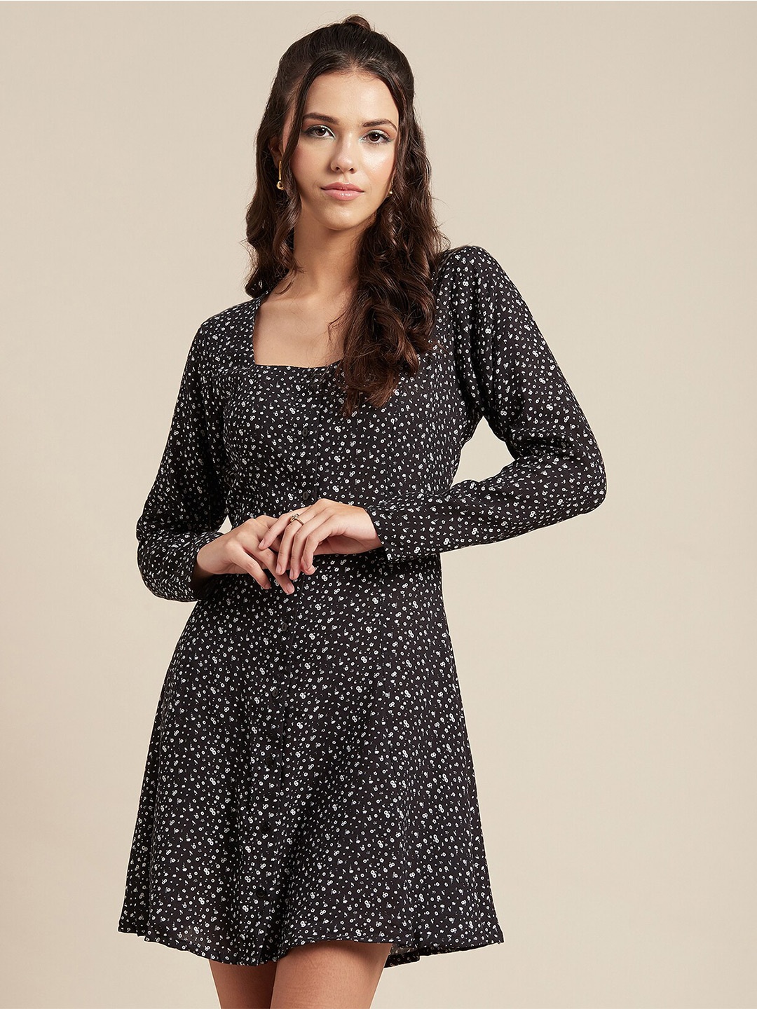 

Moomaya Square Neck Micro Ditsey Printed A-Line Dress, Black