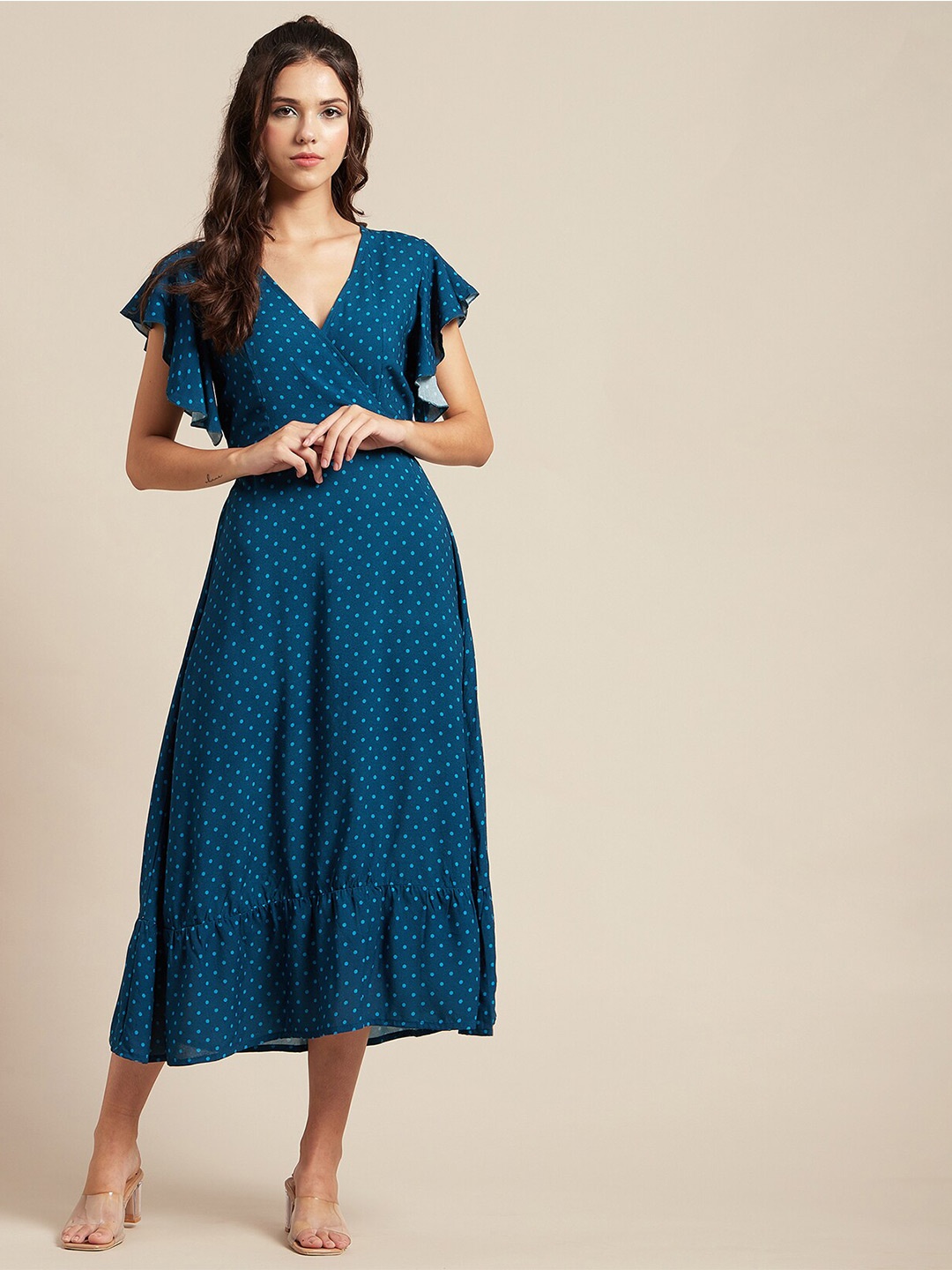 

Moomaya Floral V Neck Printed Flutter Sleeve Smocked Wrap Midi Dress, Teal