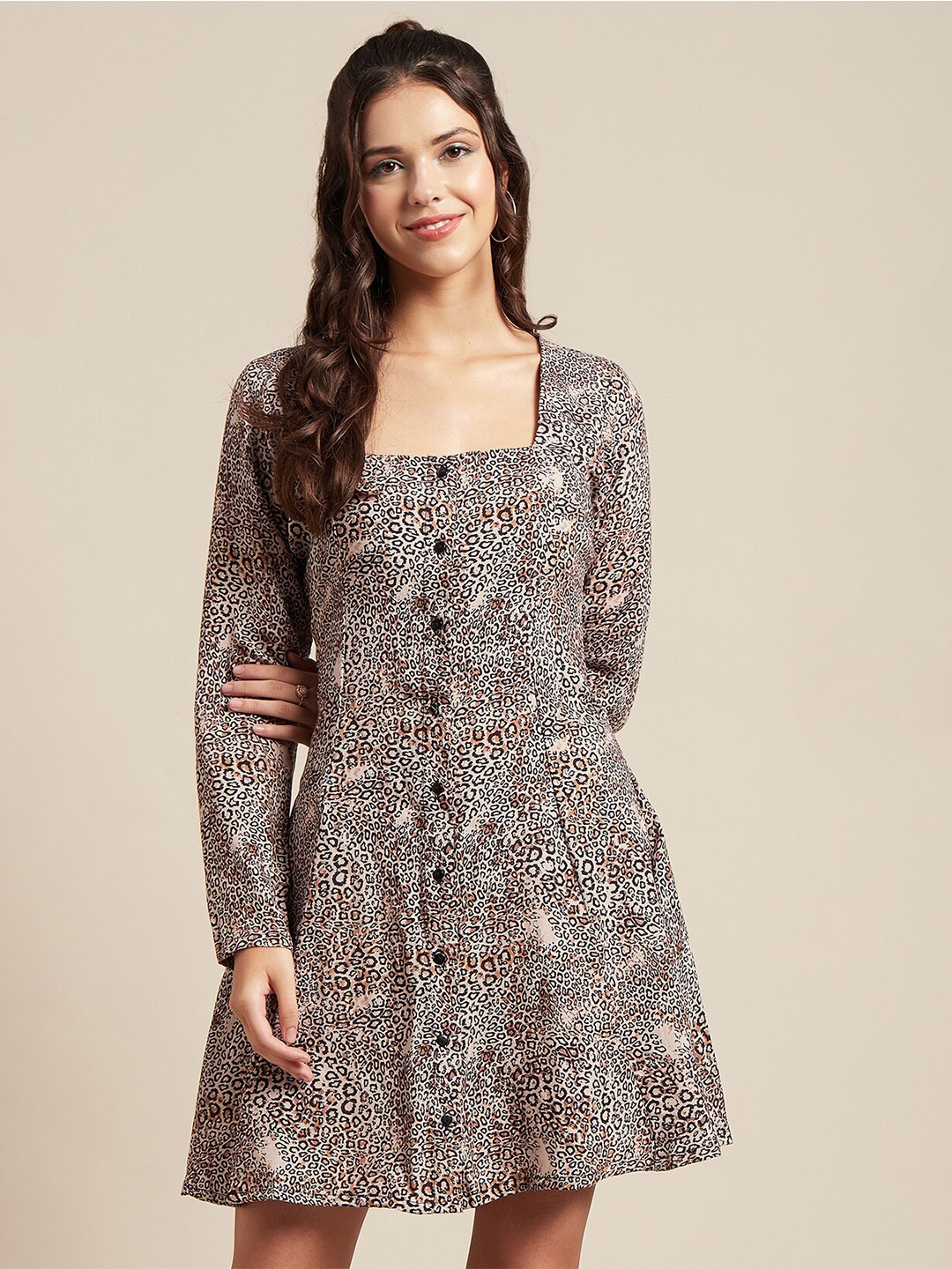 

Moomaya Square Neck Animal Printed Fit & Flare Dress, Beige