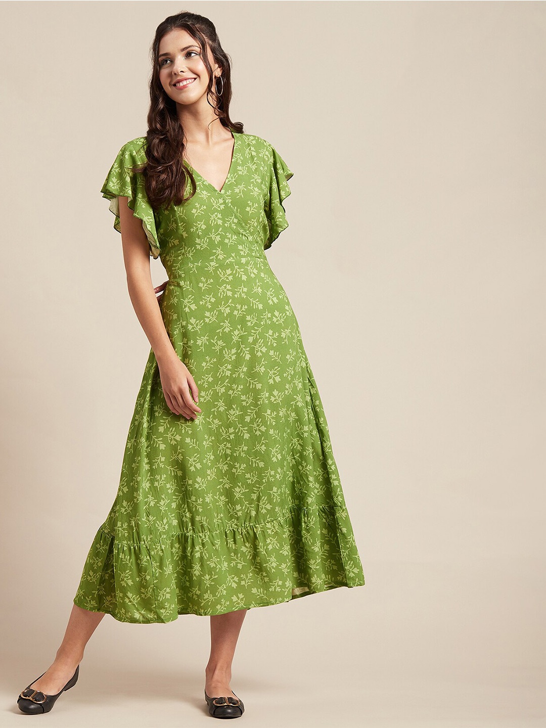 

Moomaya V Neck Floral Printed Flutter Sleeve Smocked Wrap Midi Dress, Green