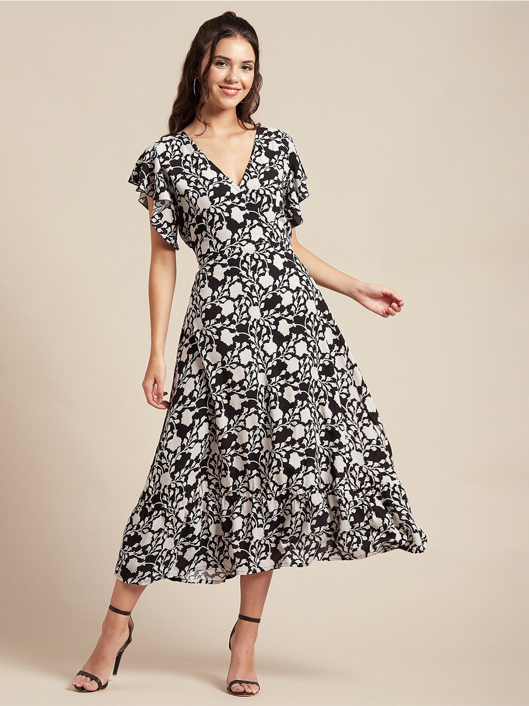 

Moomaya V Neck Floral Printed Flutter Sleeve Smocked Wrap Midi Dress, Black