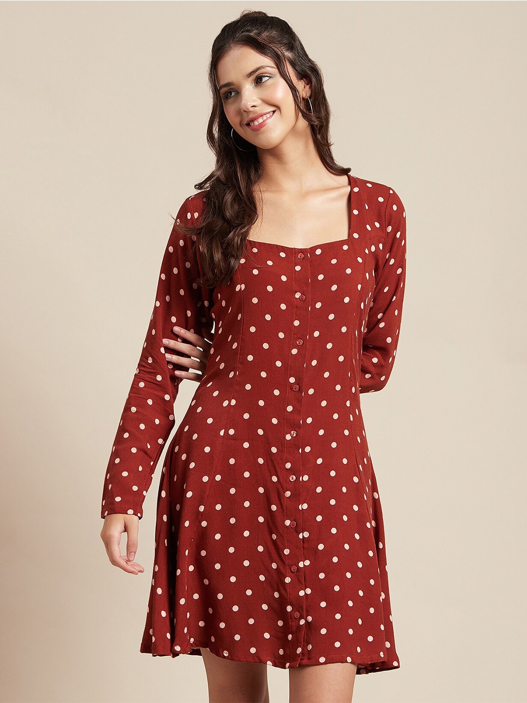 

Moomaya Square Neck Polka Dot Printed Fit & Flare Dress, Brown