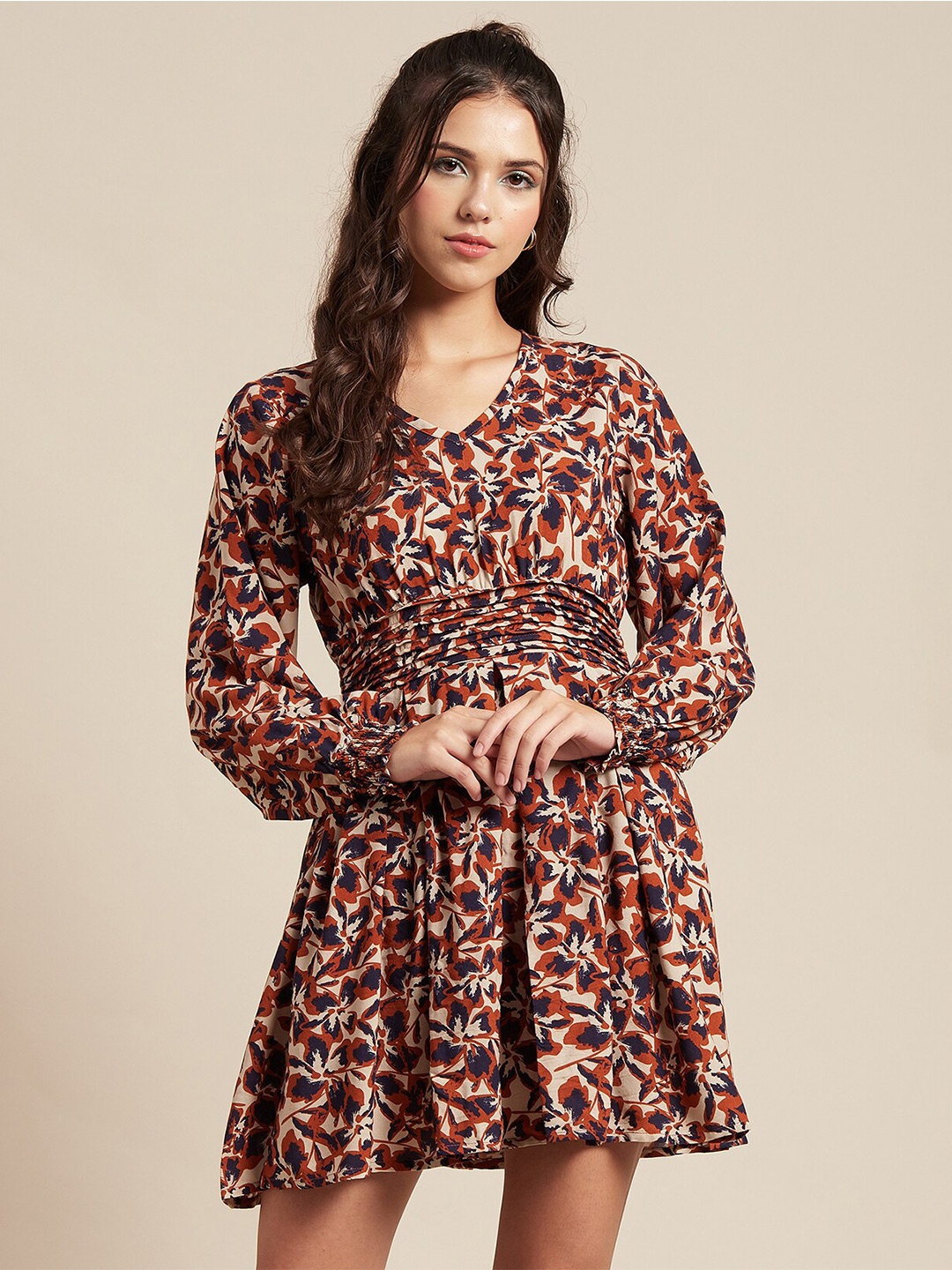 

Moomaya Floral Print Fit & Flare Mini Dress, Orange