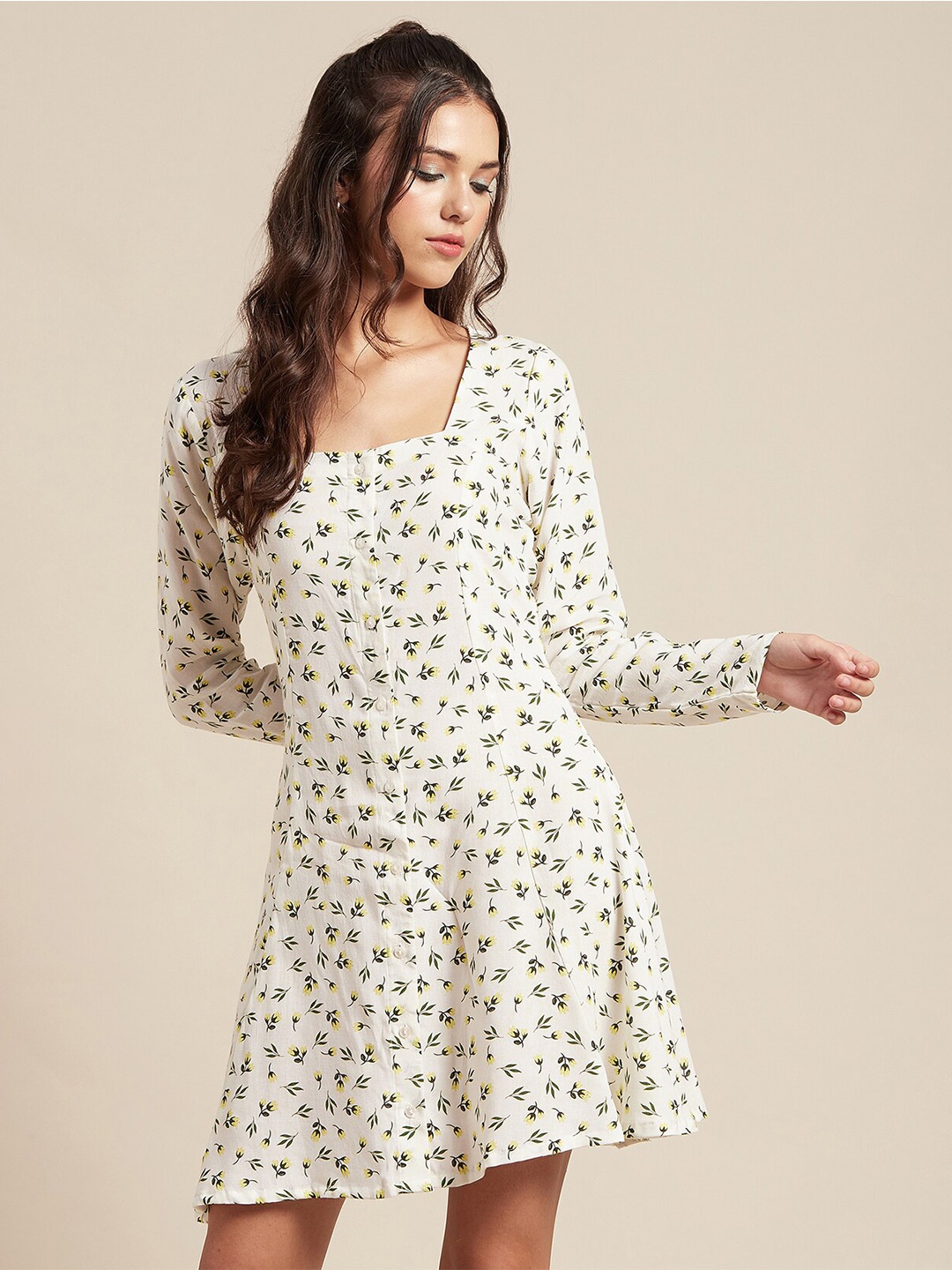 

Moomaya Floral Print Puff Sleeve Fit & Flare Dress, White