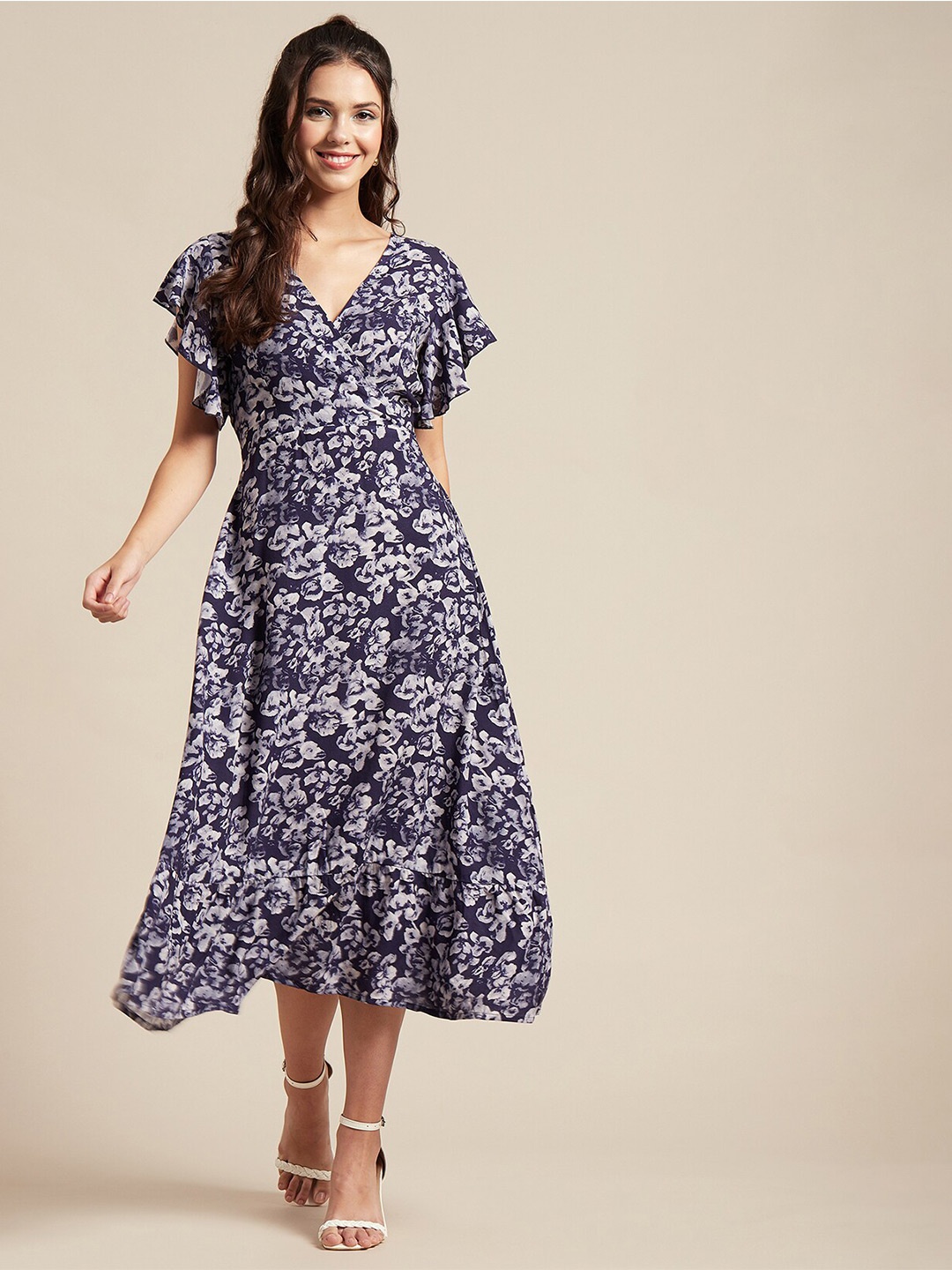 

Moomaya Floral Print Flared Sleeve Midi Dress, Blue