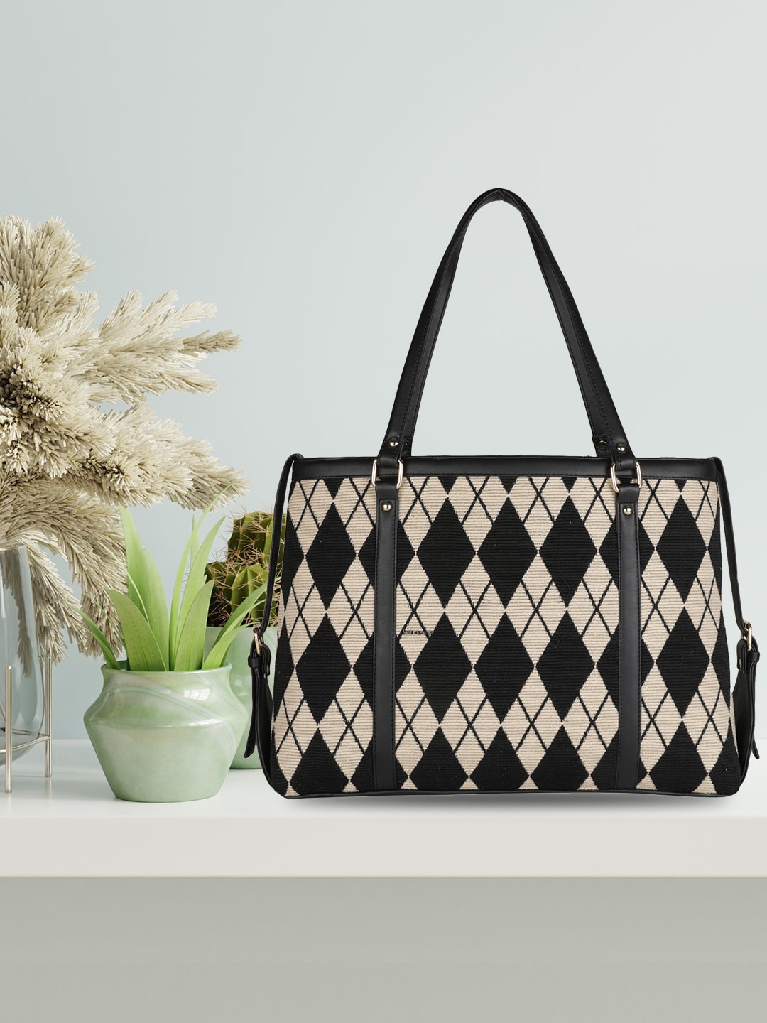 

MINI WESST Geometric Printed Oversized Shopper Tote Bag, Beige