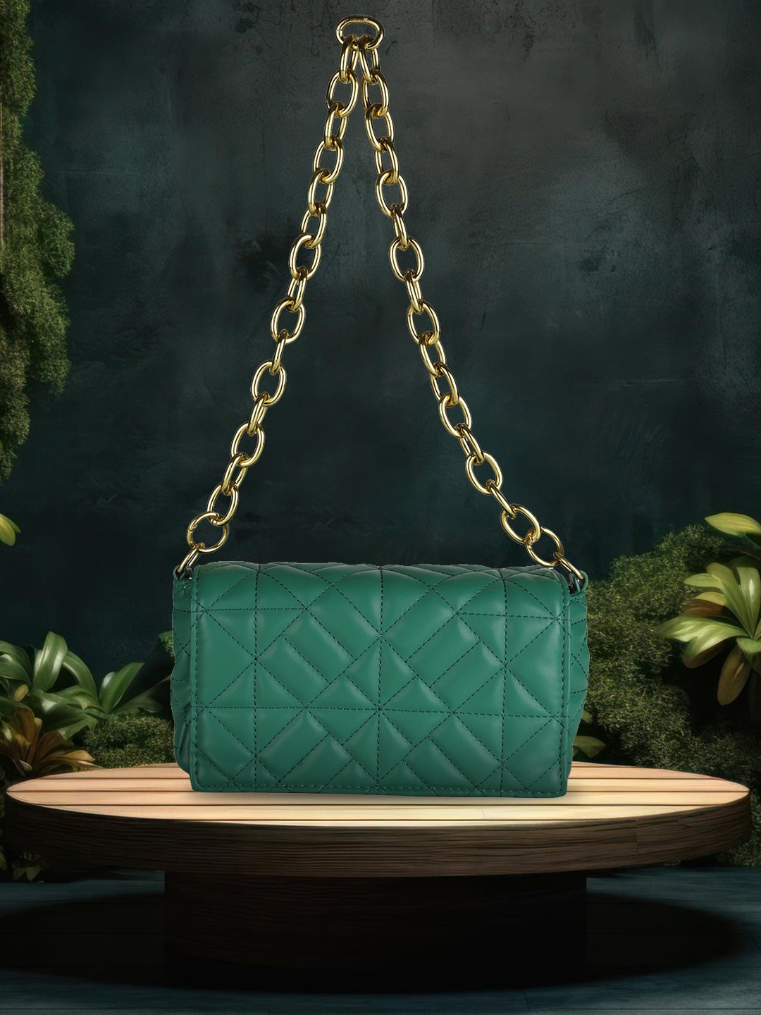 

MINI WESST Textured Structured Handheld Bag With Quilted, Green