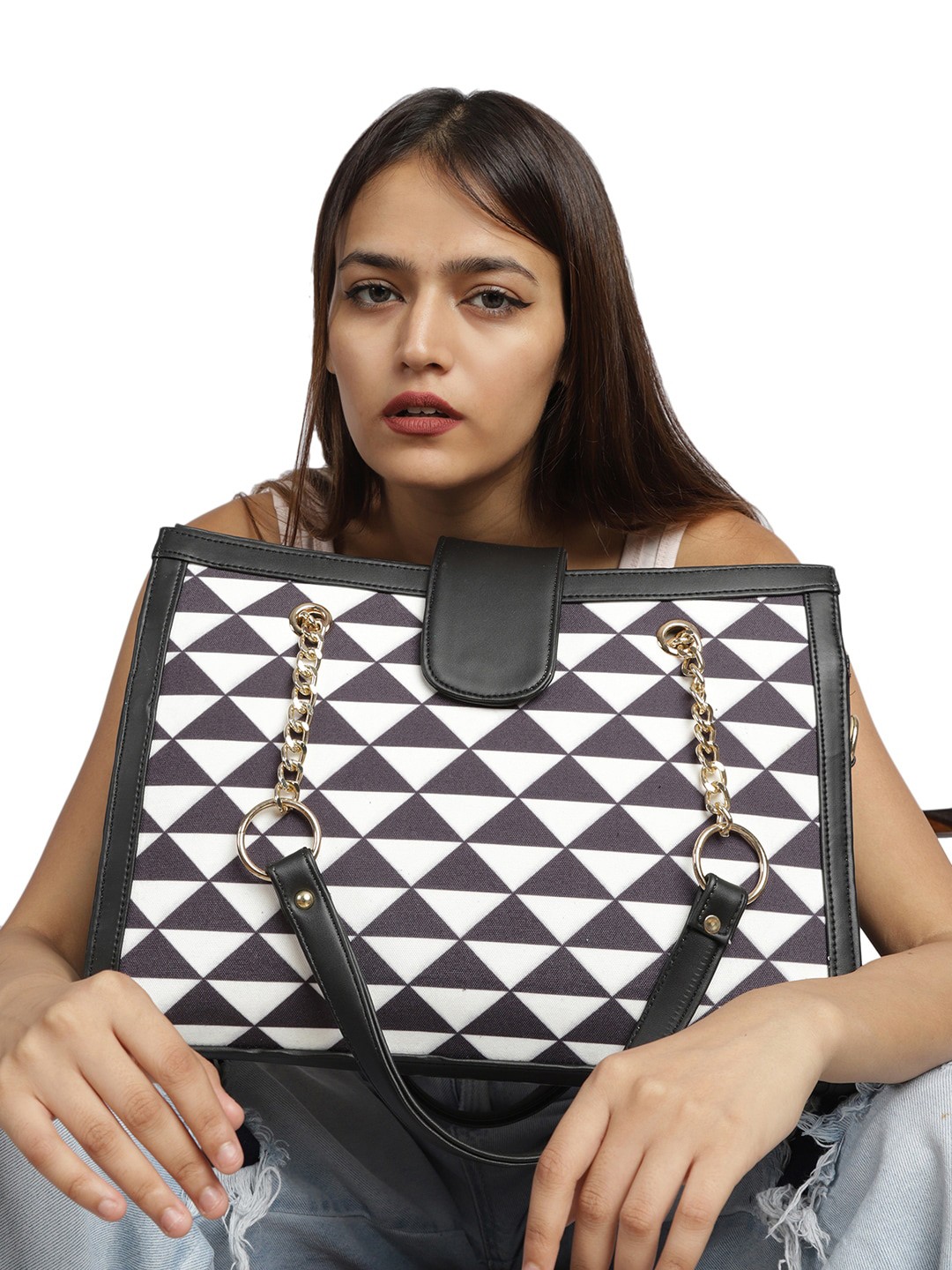 

MINI WESST Geometric Printed Structured Handheld Bag, White