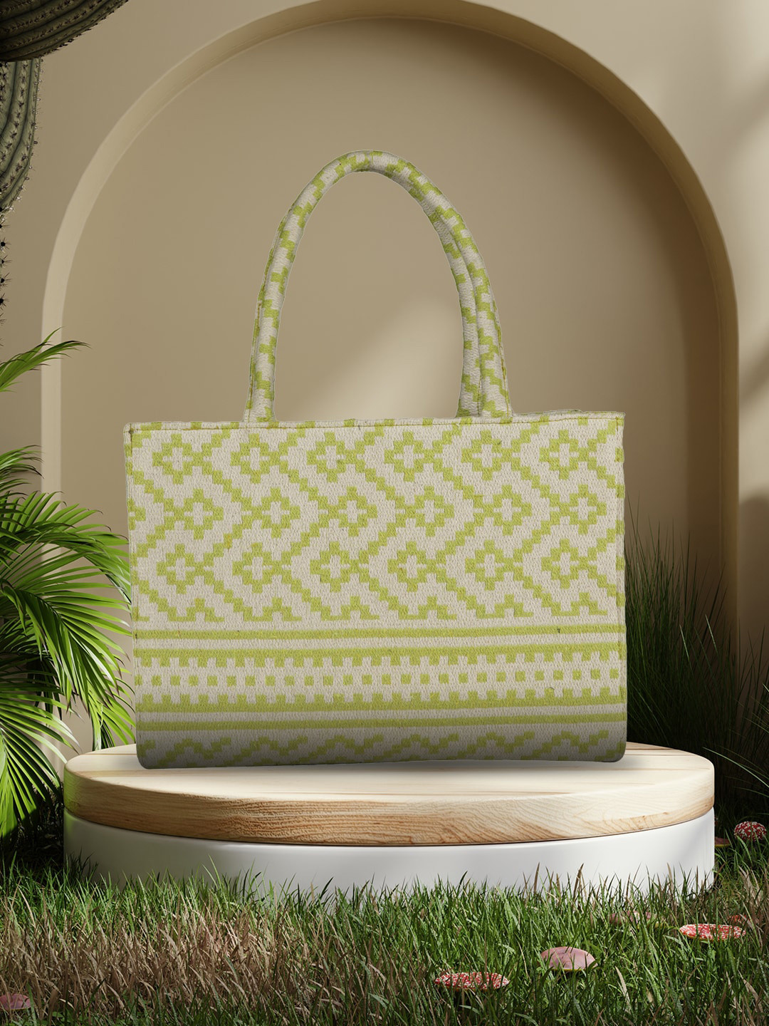 

MINI WESST Self Design Structured Tote Bag, Green