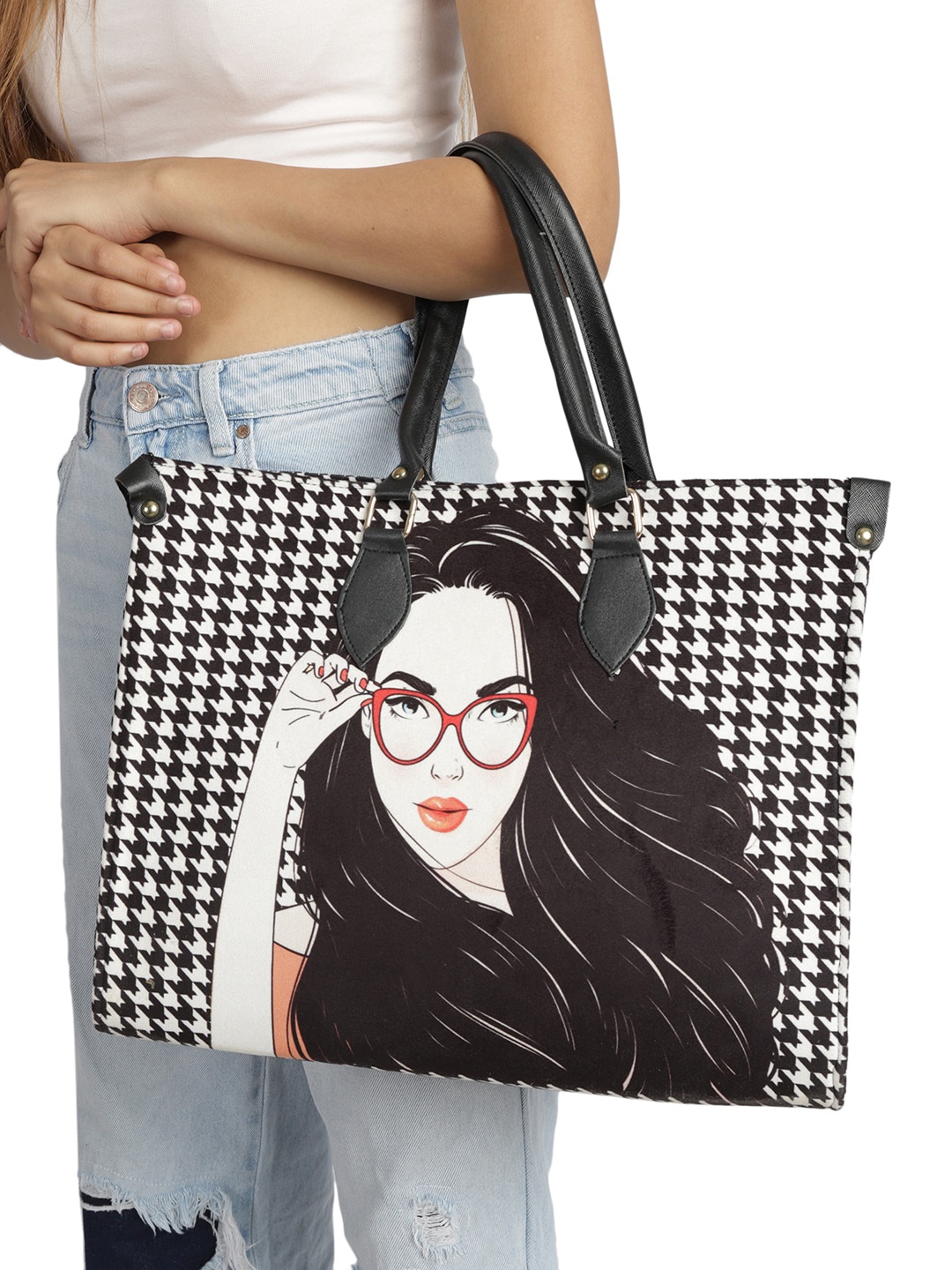 

MINI WESST Graphic Printed Oversized Shopper Canvas Tote Bag, Black