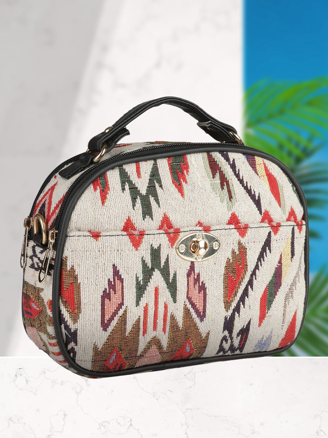 MINI WESST Geometric Printed Structured Handheld Bag, Cream