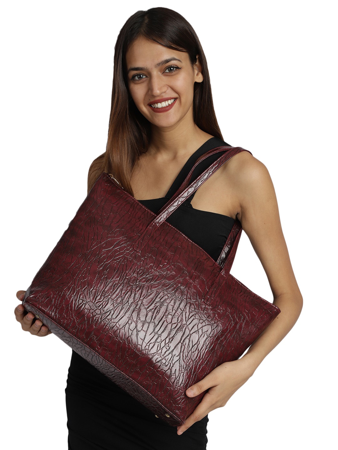 

MINI WESST Textured PU Oversized Shopper Tote Bag, Maroon