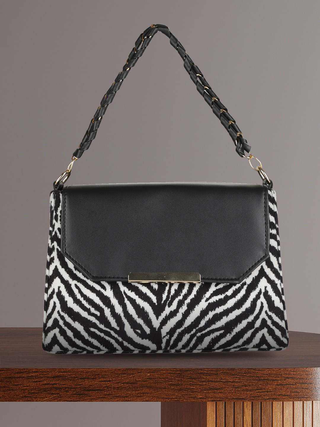 

MINI WESST Animal Printed Structured Handheld Bag, Black