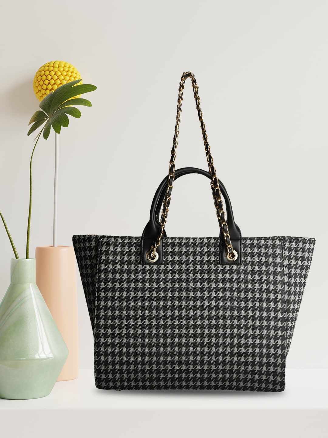 

MINI WESST Geometric Printed Bucket Tote Bag, Black