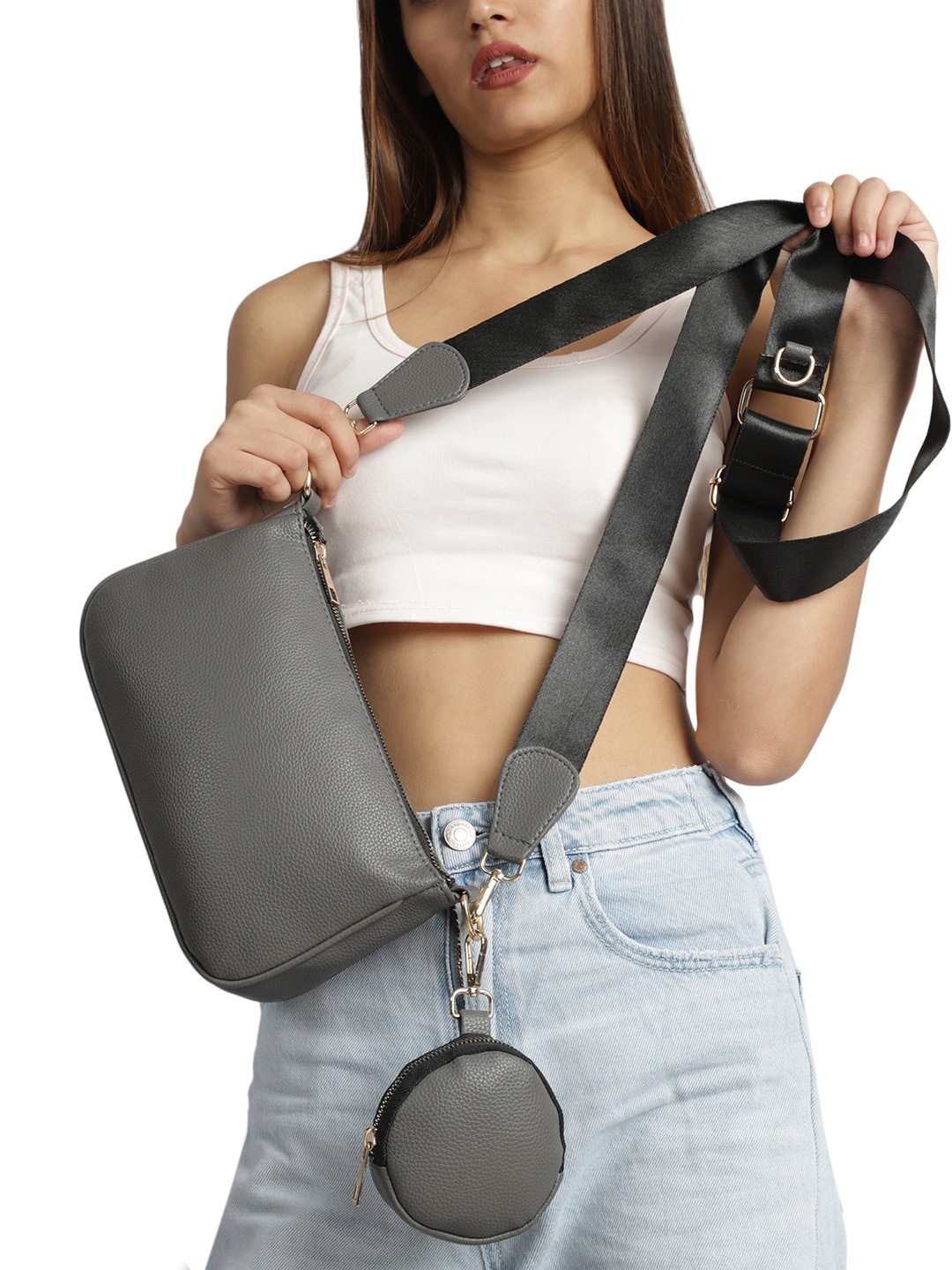 

MINI WESST Textured Structured Sling Bag With Pouch, Grey