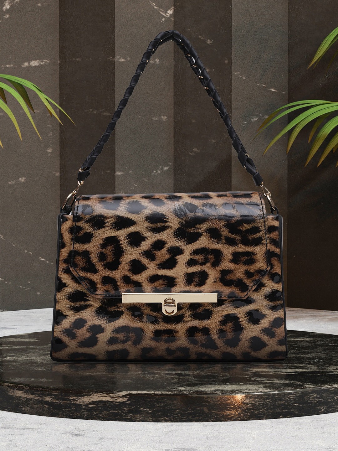 

MINI WESST Animal Printed PU Structured Handheld Bag, Brown