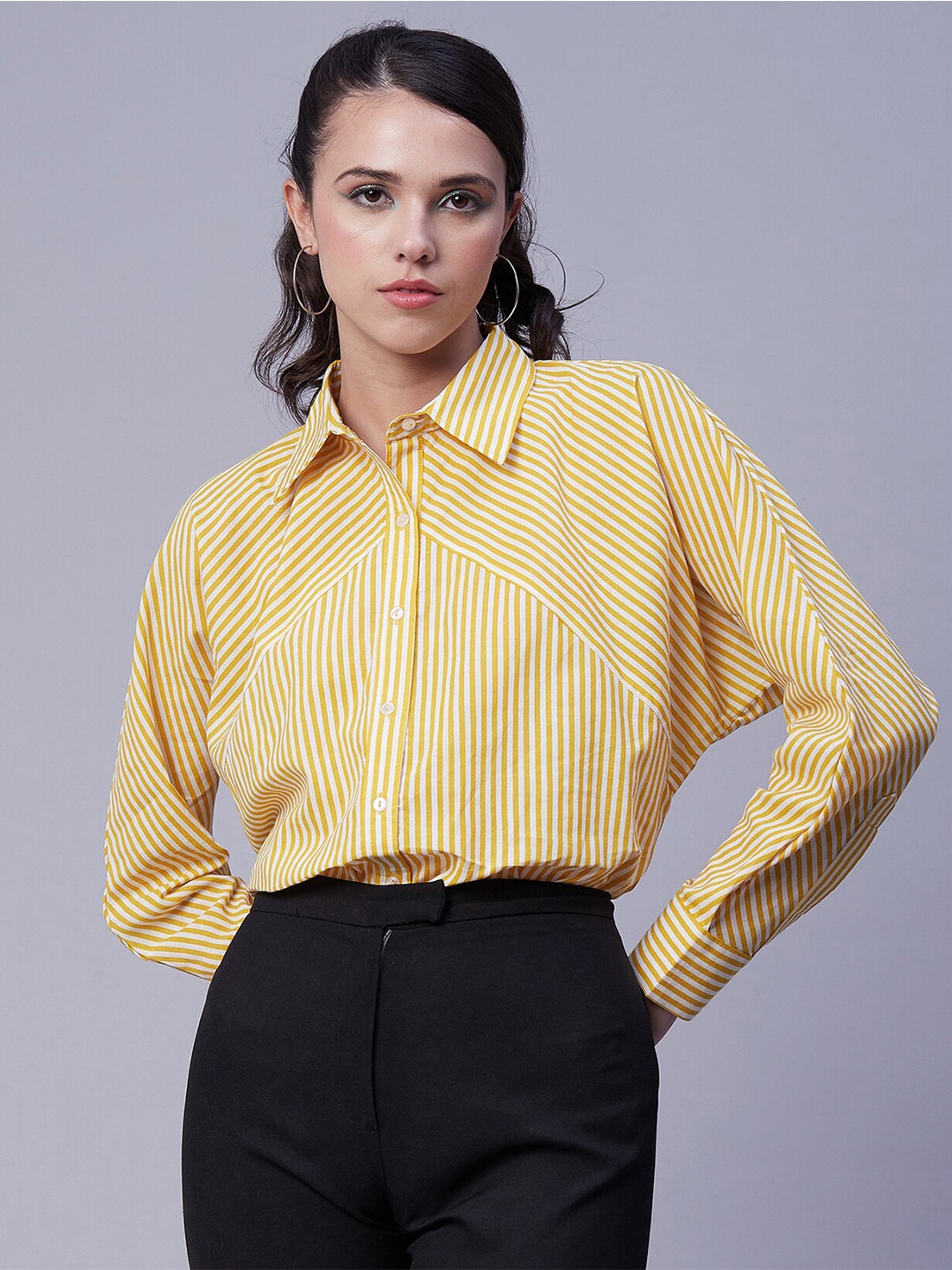 

Moomaya Straight Vertical Striped Spread Collar Cotton Casual Shirt, Yellow