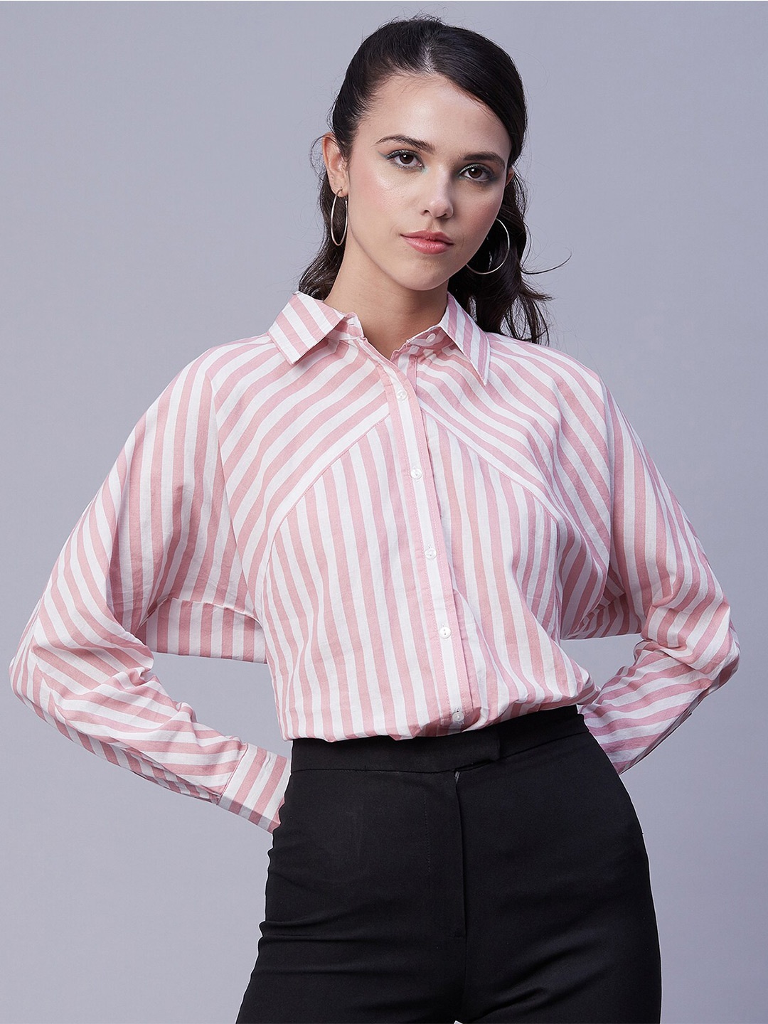 

Moomaya Straight Vertical Striped Spread Collar Cotton Casual Shirt, Pink