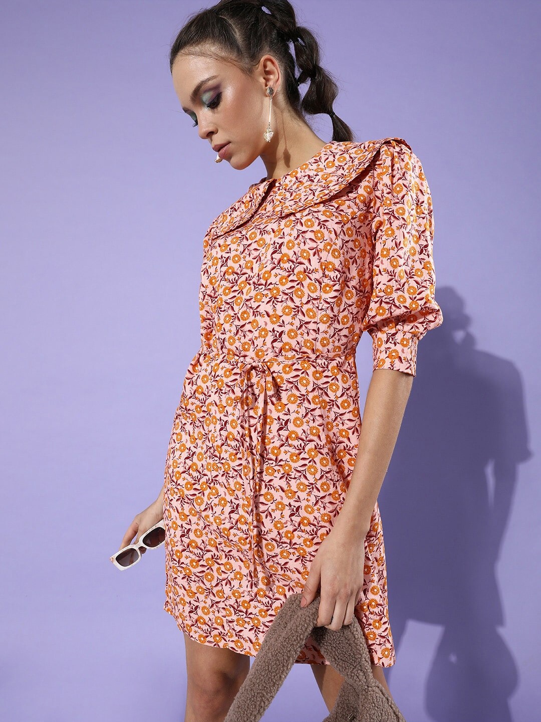 

HERE&NOW Orange Floral Printed Above The Keyboard Collar Puff Sleeves Tie-Ups A-Line Dress