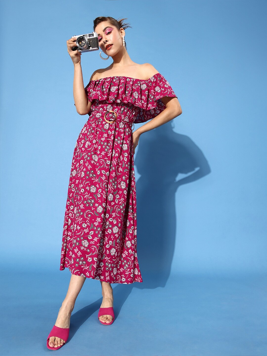 

HERE&NOW Floral Printed Off-Shoulder Fit & Flare Dress, Magenta