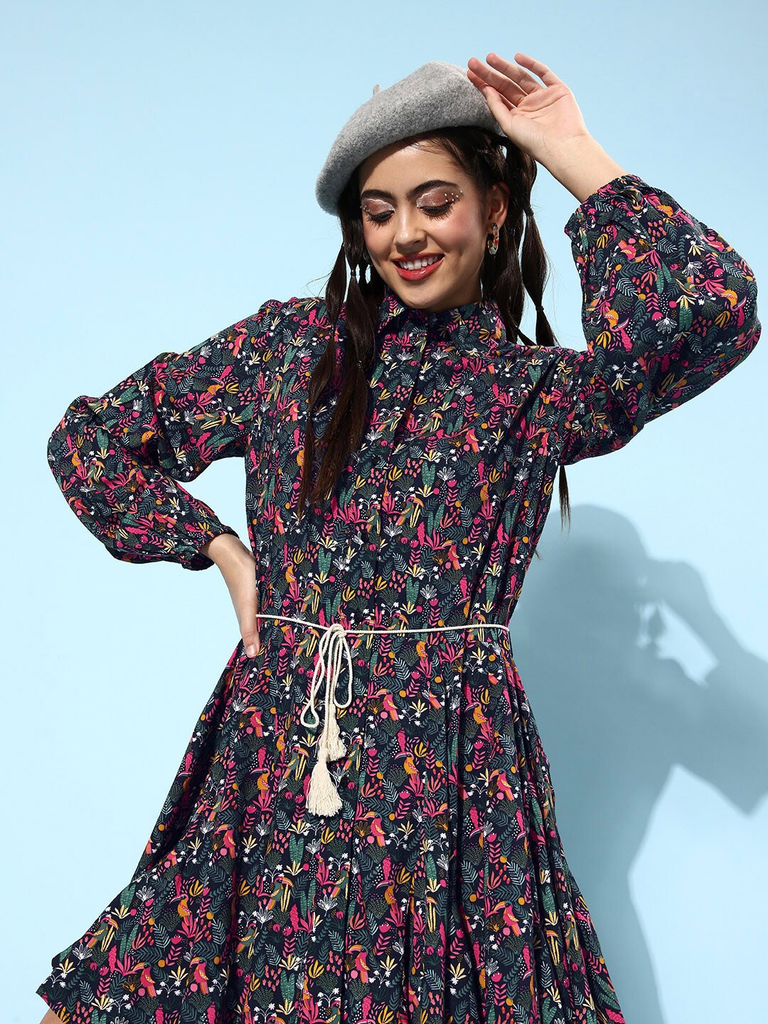 

HERE&NOW Navy Blue & Pink Tropical Printed Cuffed Sleeves Belted Shirt Dress