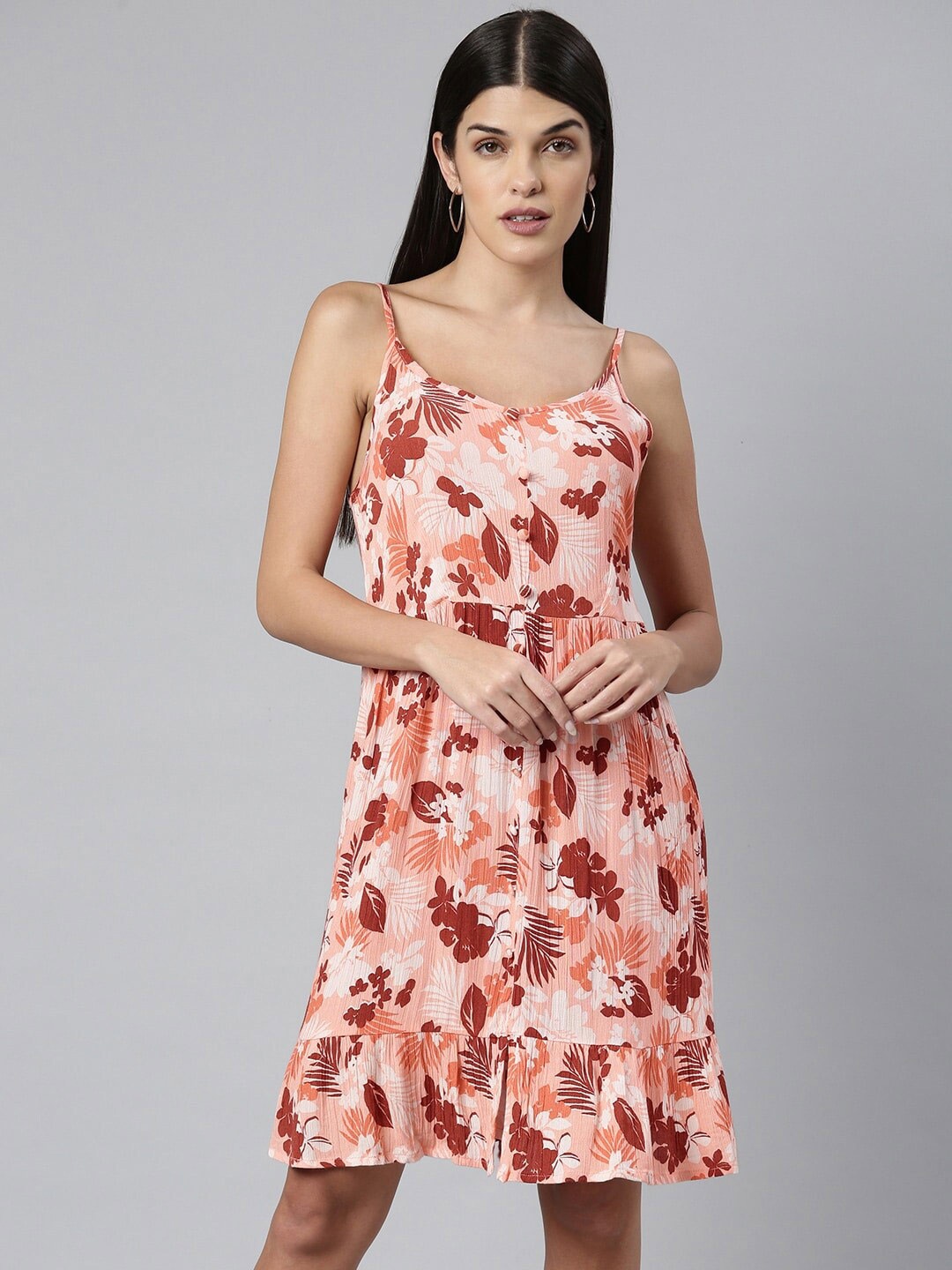 

HERE&NOW Peach-Color & White Floral Printed Sleeveless A-Line Crepe Dress