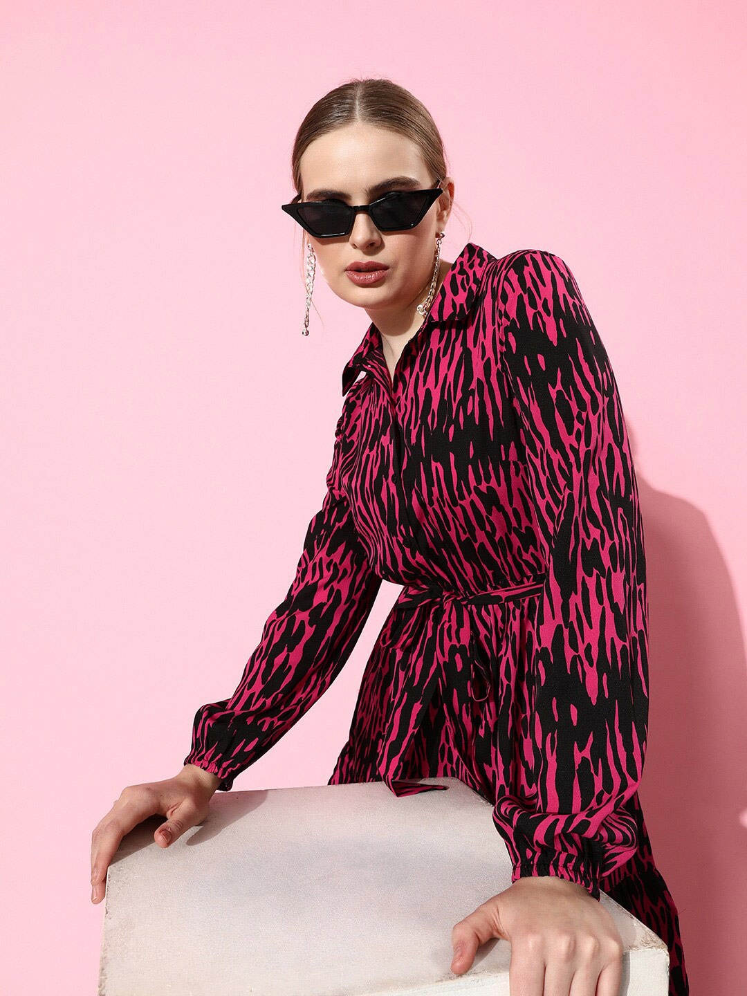 

HERE&NOW Abstract Printed Shirt Collar A-Line Above Knee Length Dress, Pink