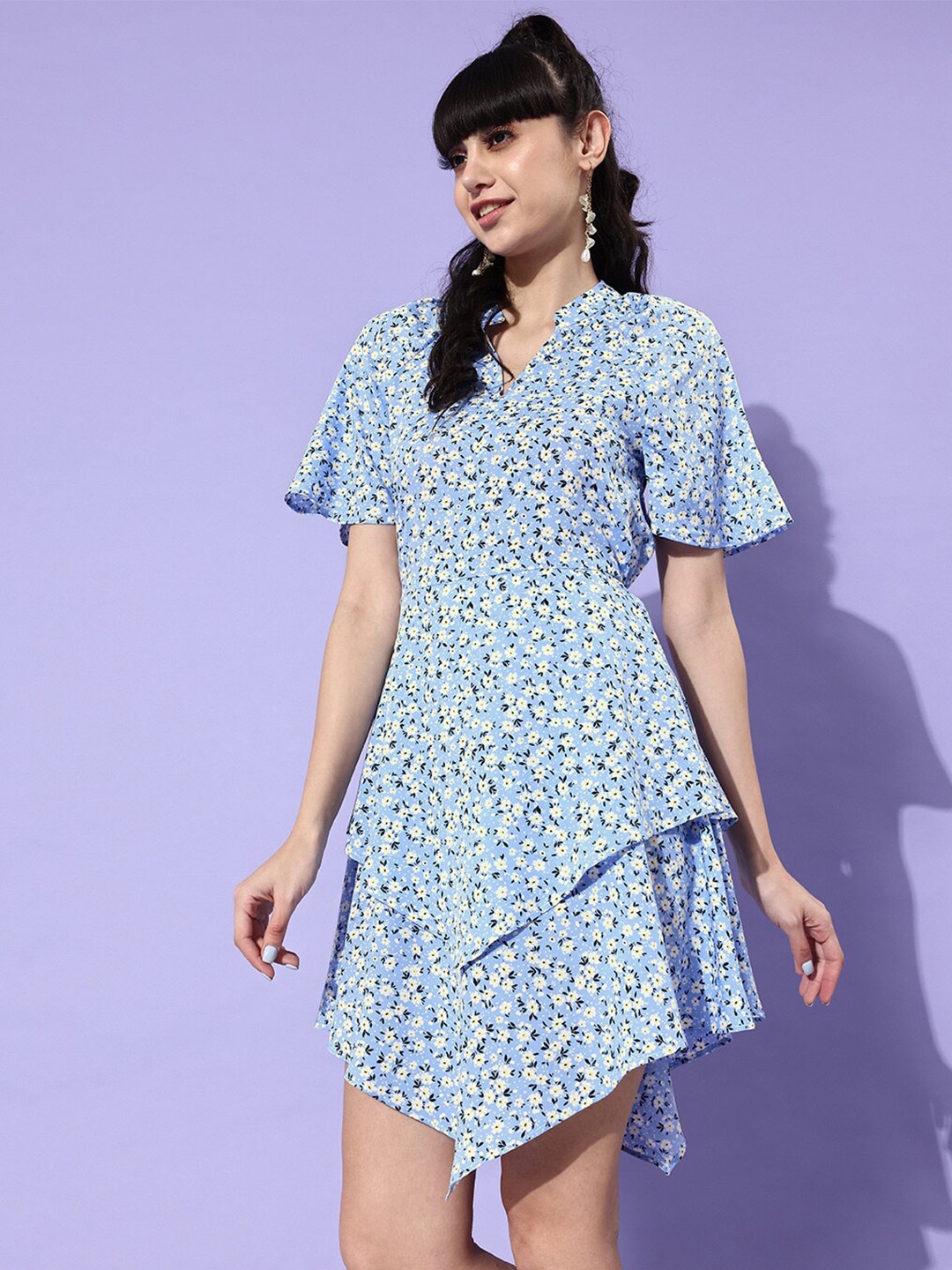 

HERE&NOW Blue Floral Printed Mandarin Collar Bell Sleeves Layered Detail A-Line Dress