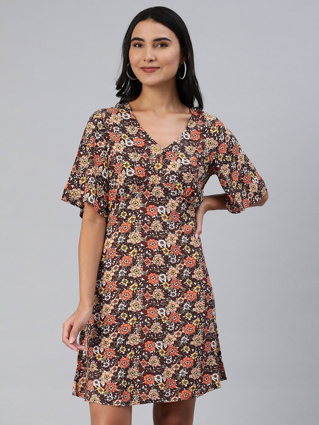 

HERE&NOW Brown Floral Printed V-Neck Flared Sleeves A-Line Dress